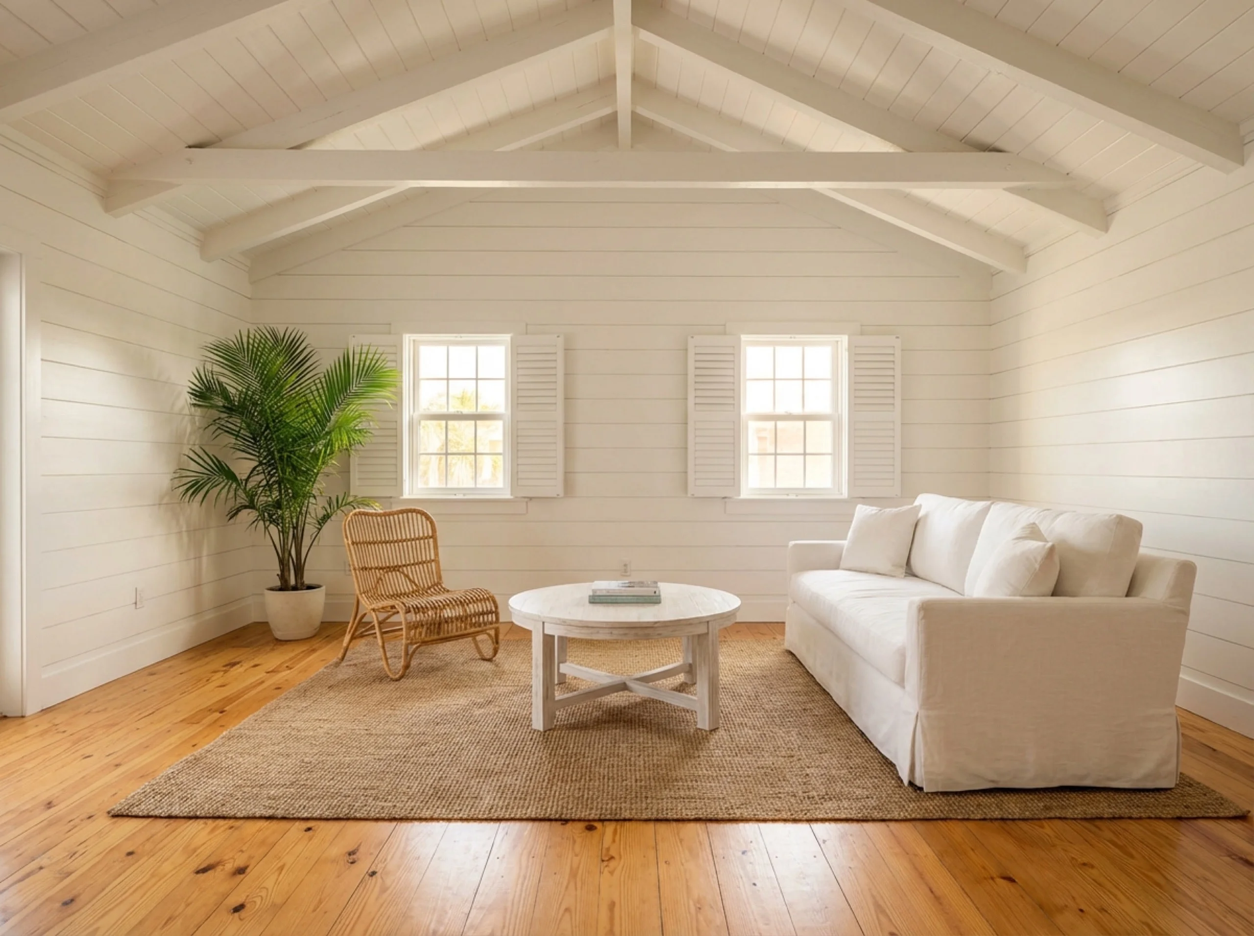 Shiplap-walled Anna Maria cottage living room with wide honey-pine plank flooring and exposed ceiling beams