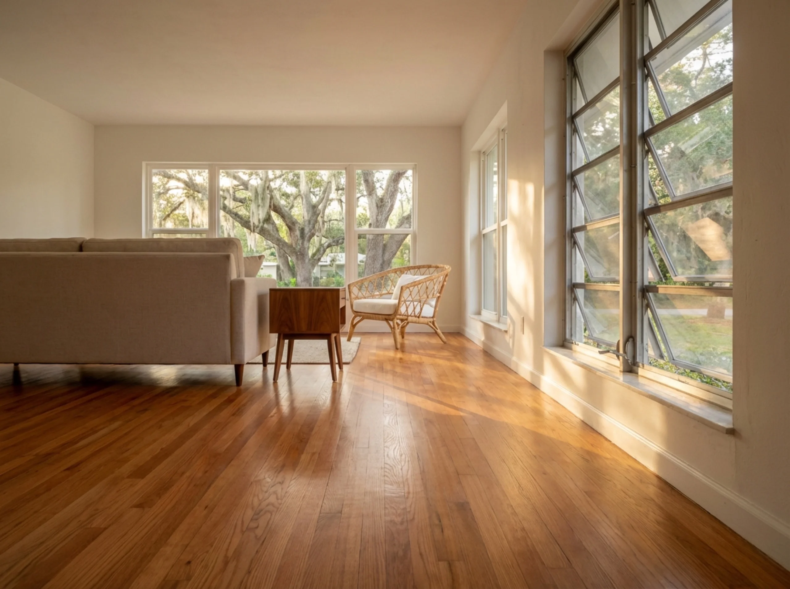 Refinished red oak flooring in a 1950s Venice Florida ranch living room with a jalousie-style window