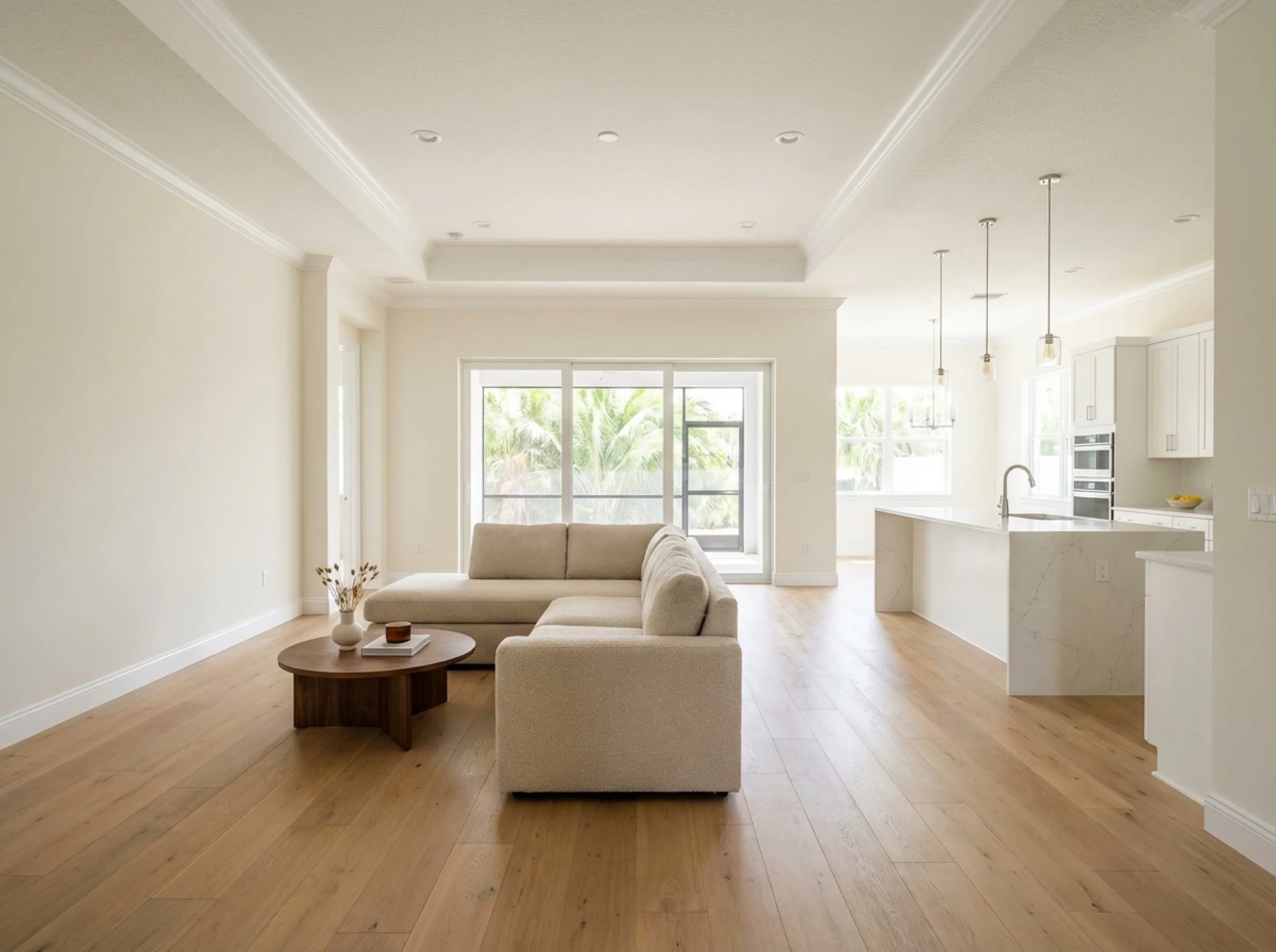 Wide engineered white oak great room in a Nokomis new-construction home with a tray ceiling and rear slider