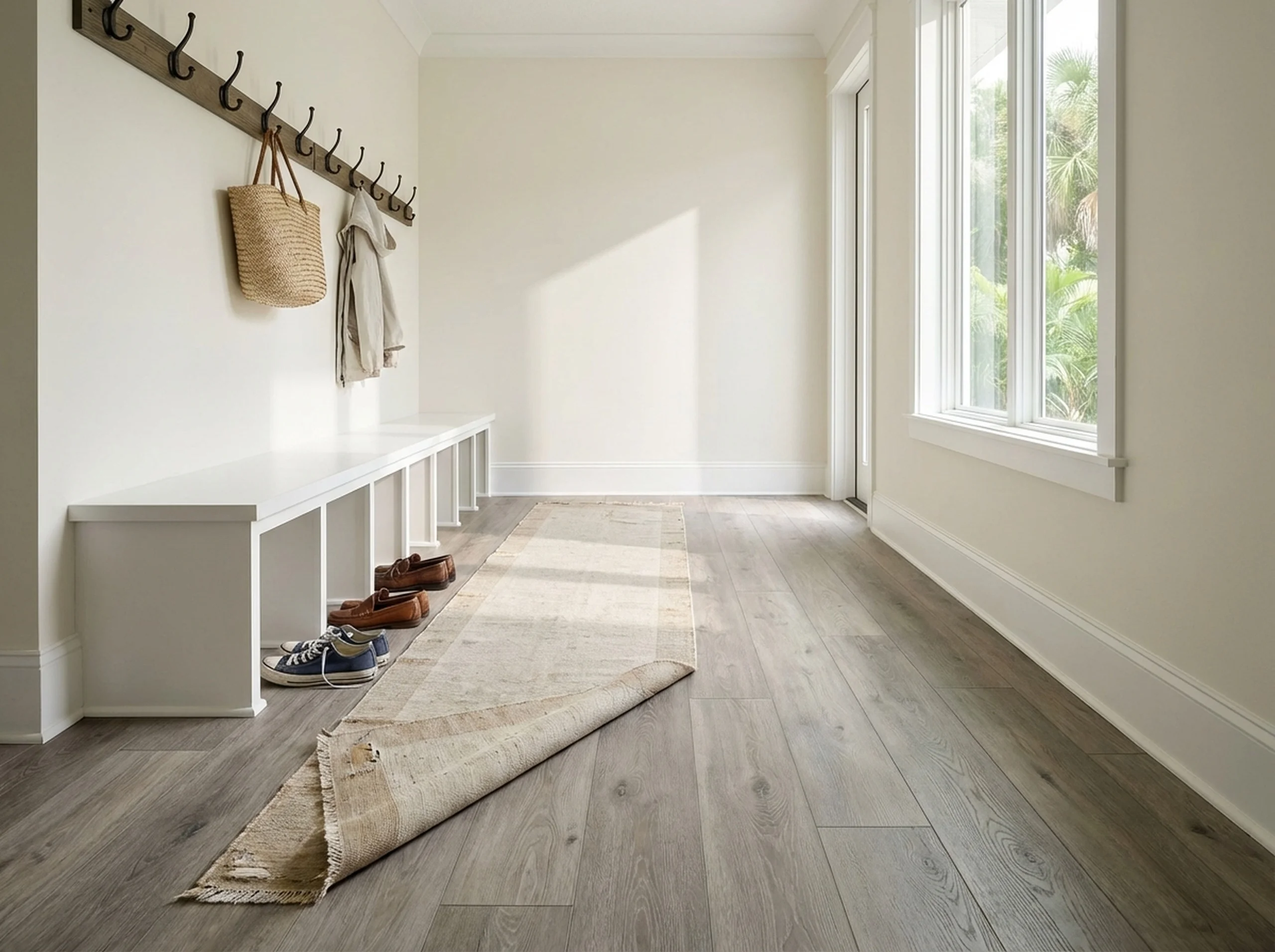Gray-washed luxury vinyl plank flooring in a modern coastal mudroom with a built-in bench