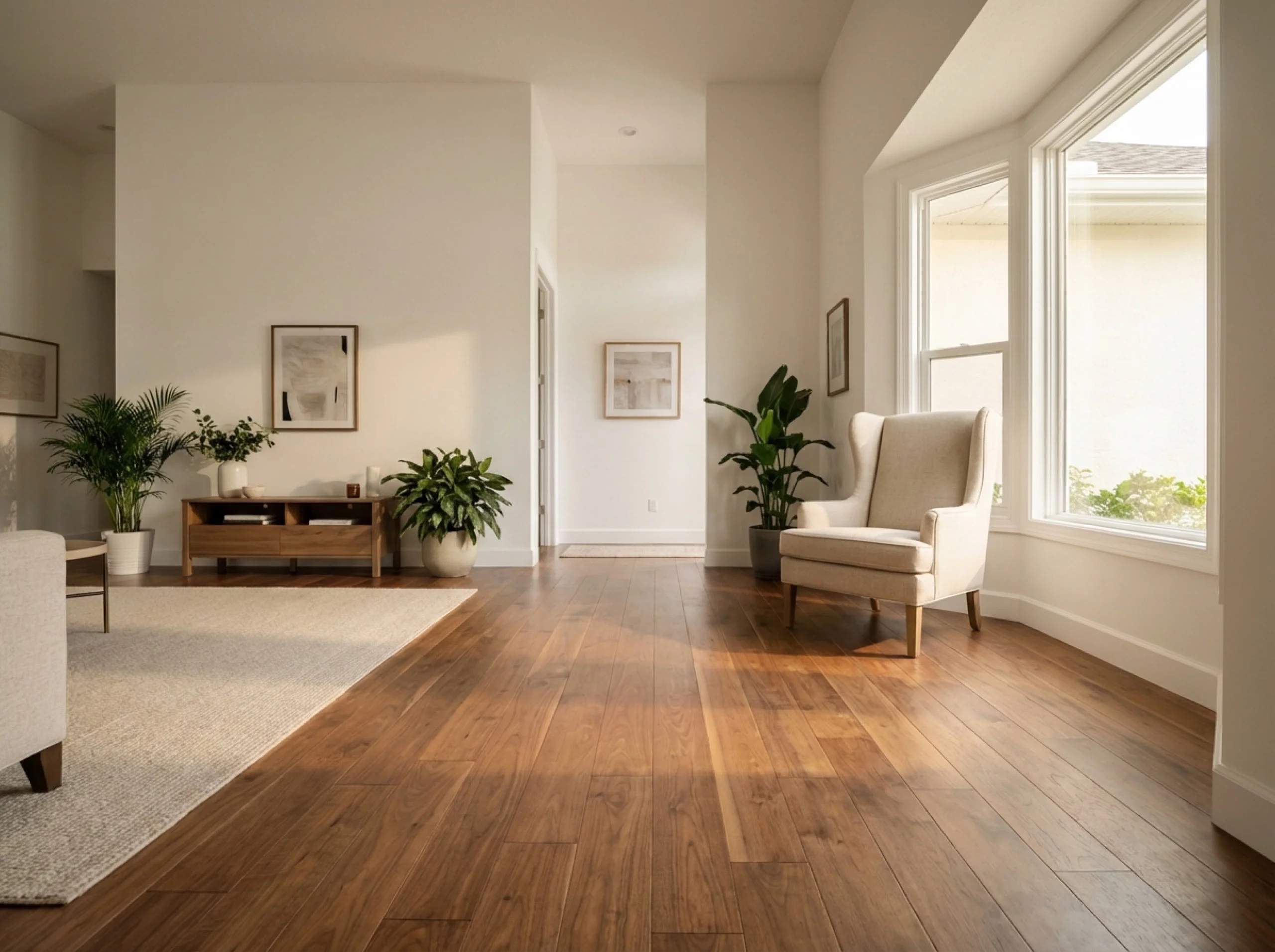 Walnut solid hardwood plank flooring in a transitional Florida living room with a bay window