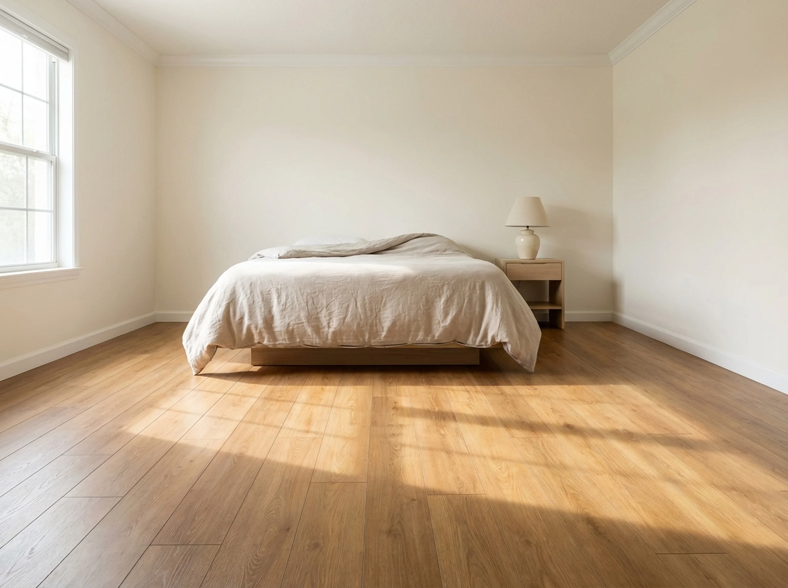 Honey oak laminate flooring in a minimal bedroom with morning window light