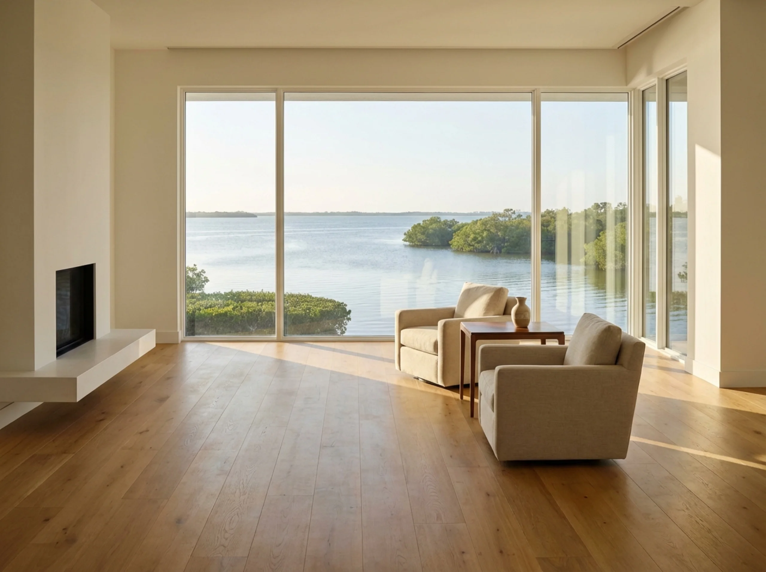 Honey oak wide-plank living room in an Osprey bay-view contemporary home