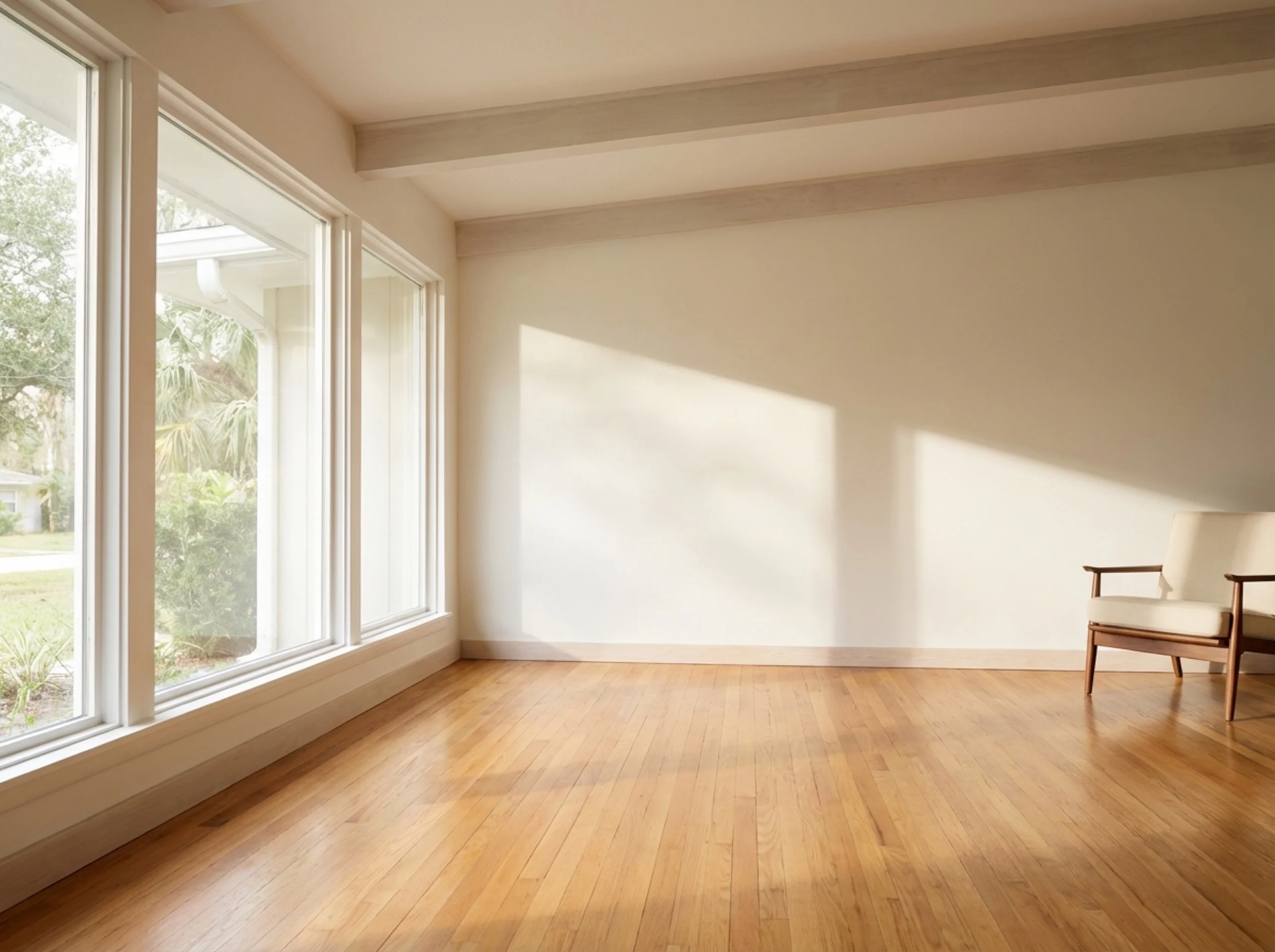 Freshly refinished red oak hardwood in a 1960s Florida ranch living room