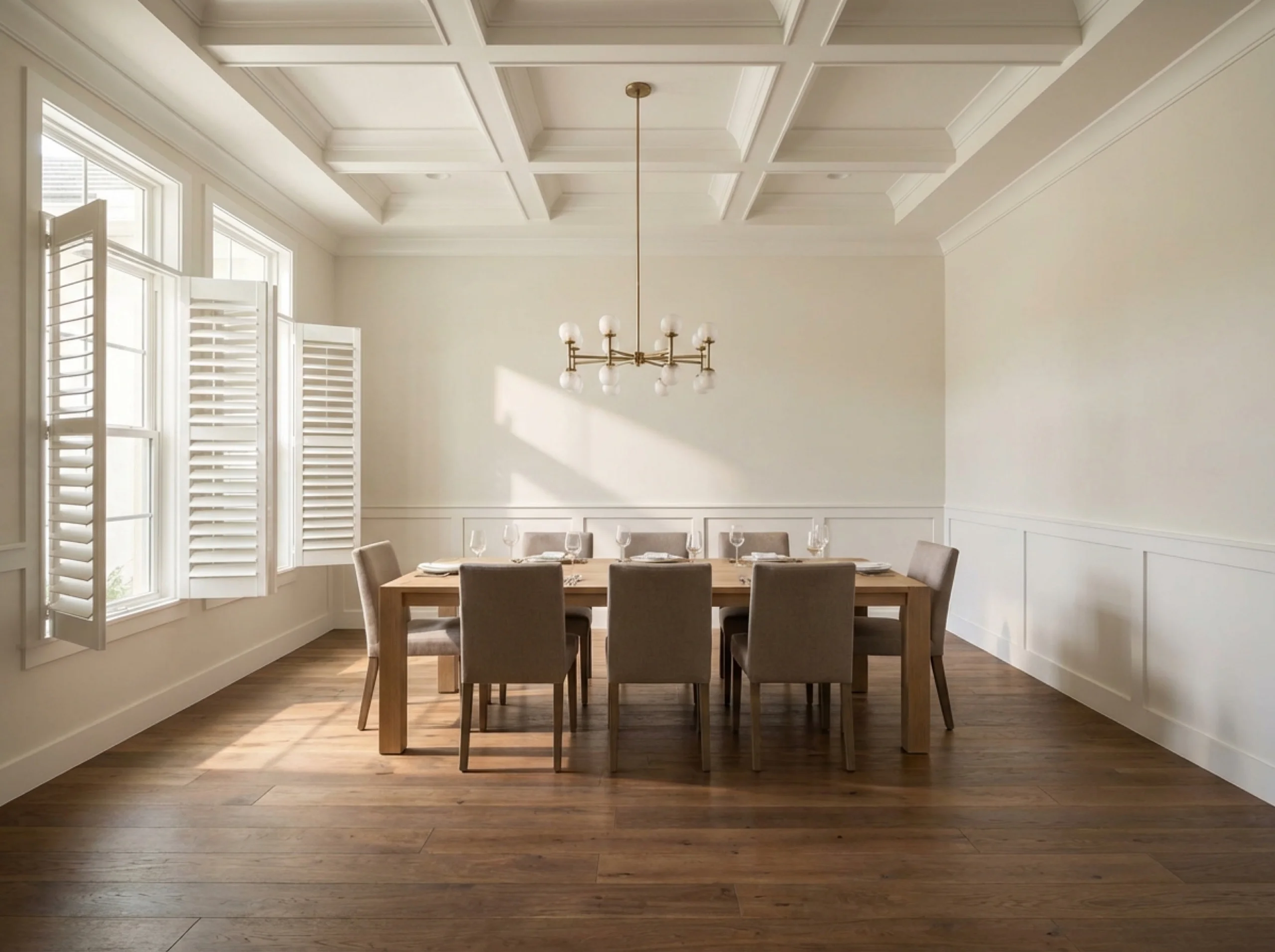 University Park formal dining room with mid-tone walnut flooring and a coffered ceiling
