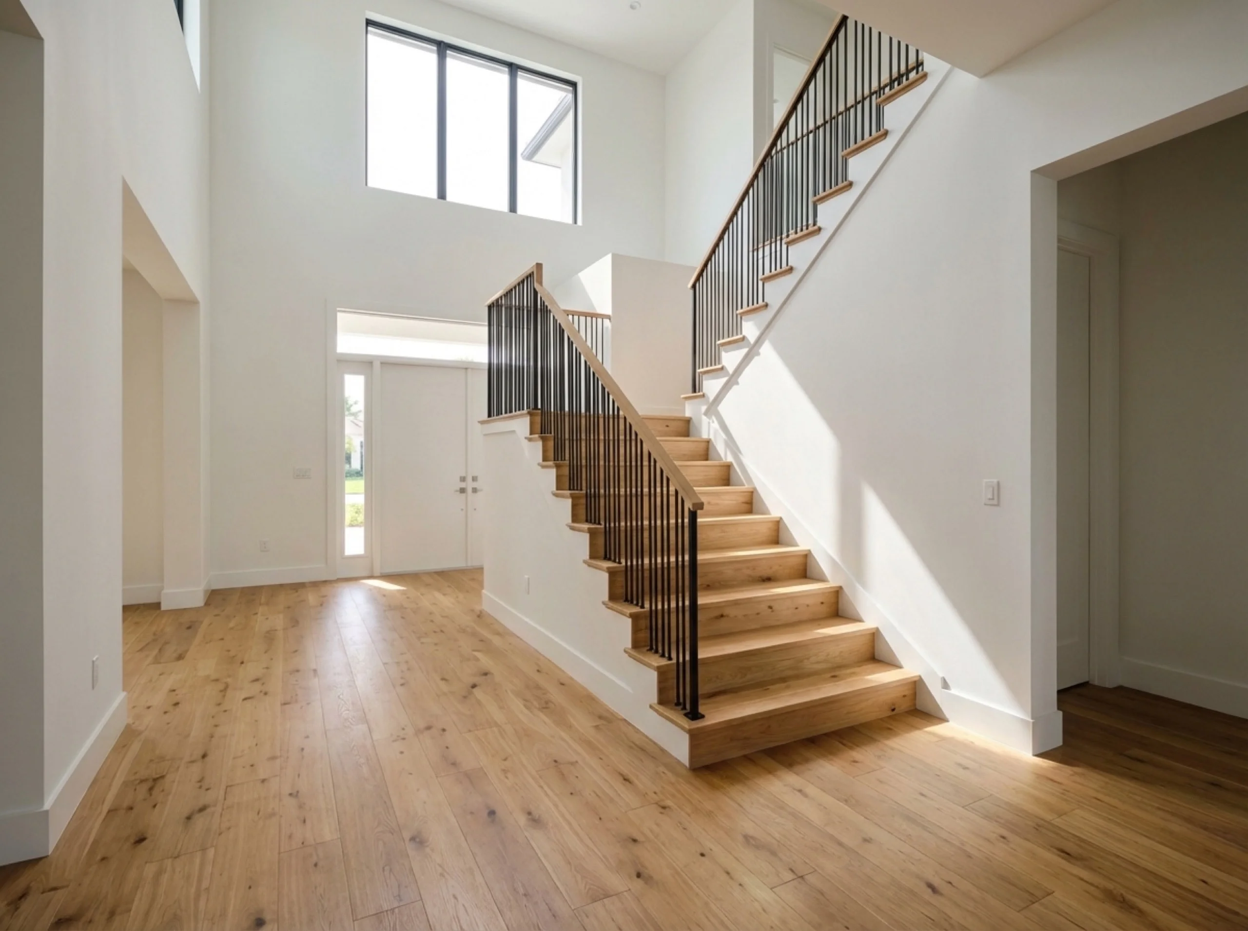 Two-story foyer with a white oak hardwood staircase and iron balustrade in a Lakewood Ranch home
