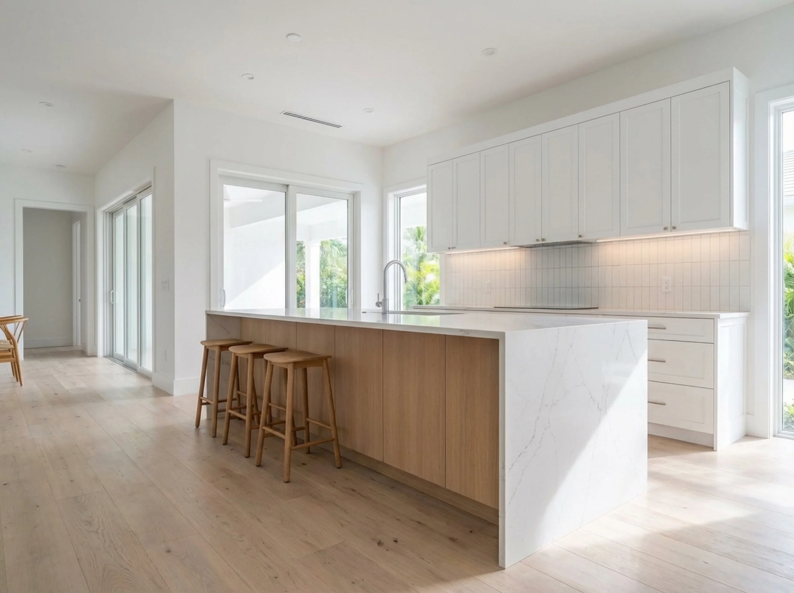 Engineered white oak flooring running into an open kitchen with a quartz waterfall island