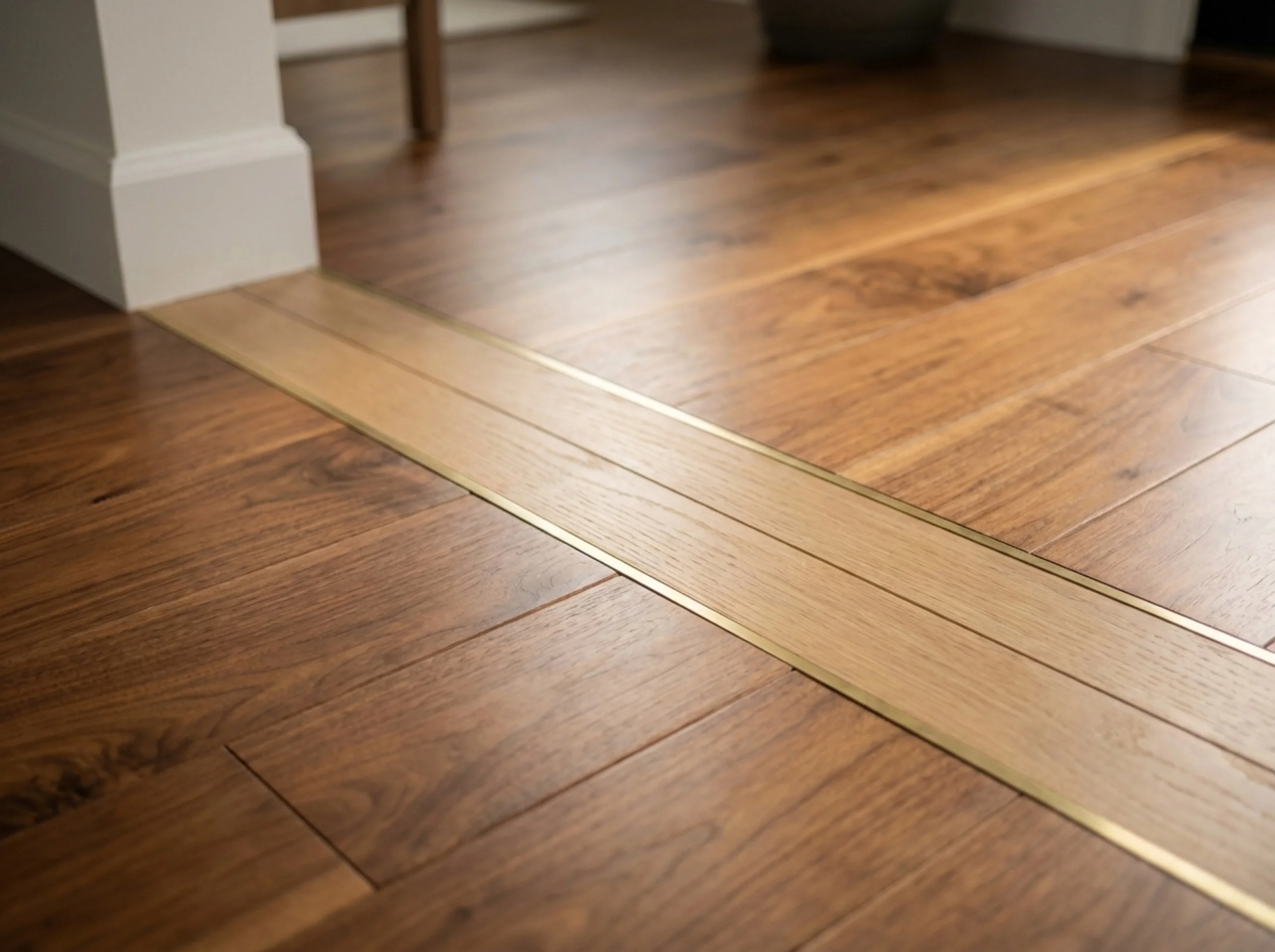 Walnut-to-white-oak inlay threshold detail at a home entry