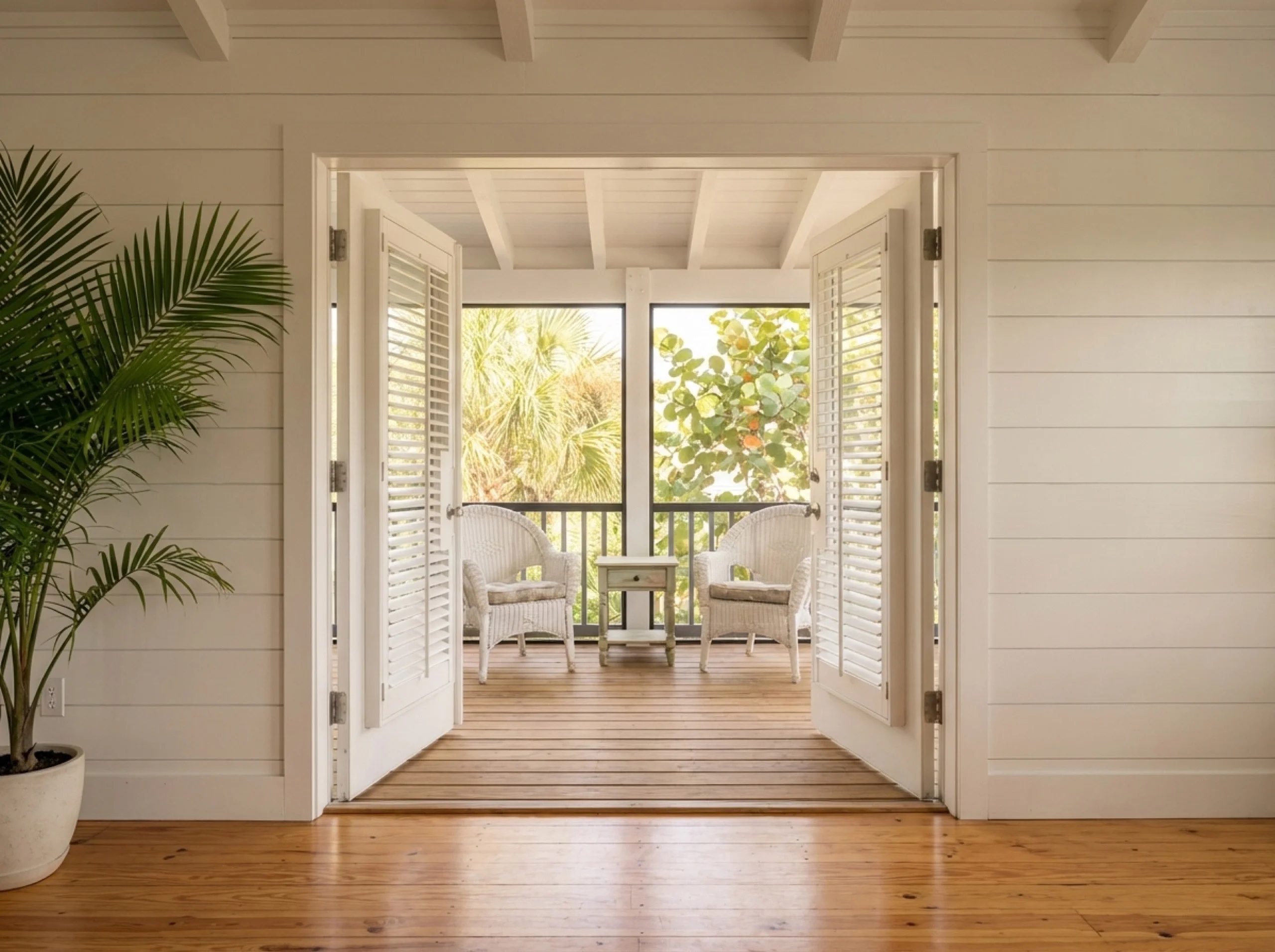 Anna Maria cottage with louvered doors open to a screened porch and wide pine flooring continuing outside