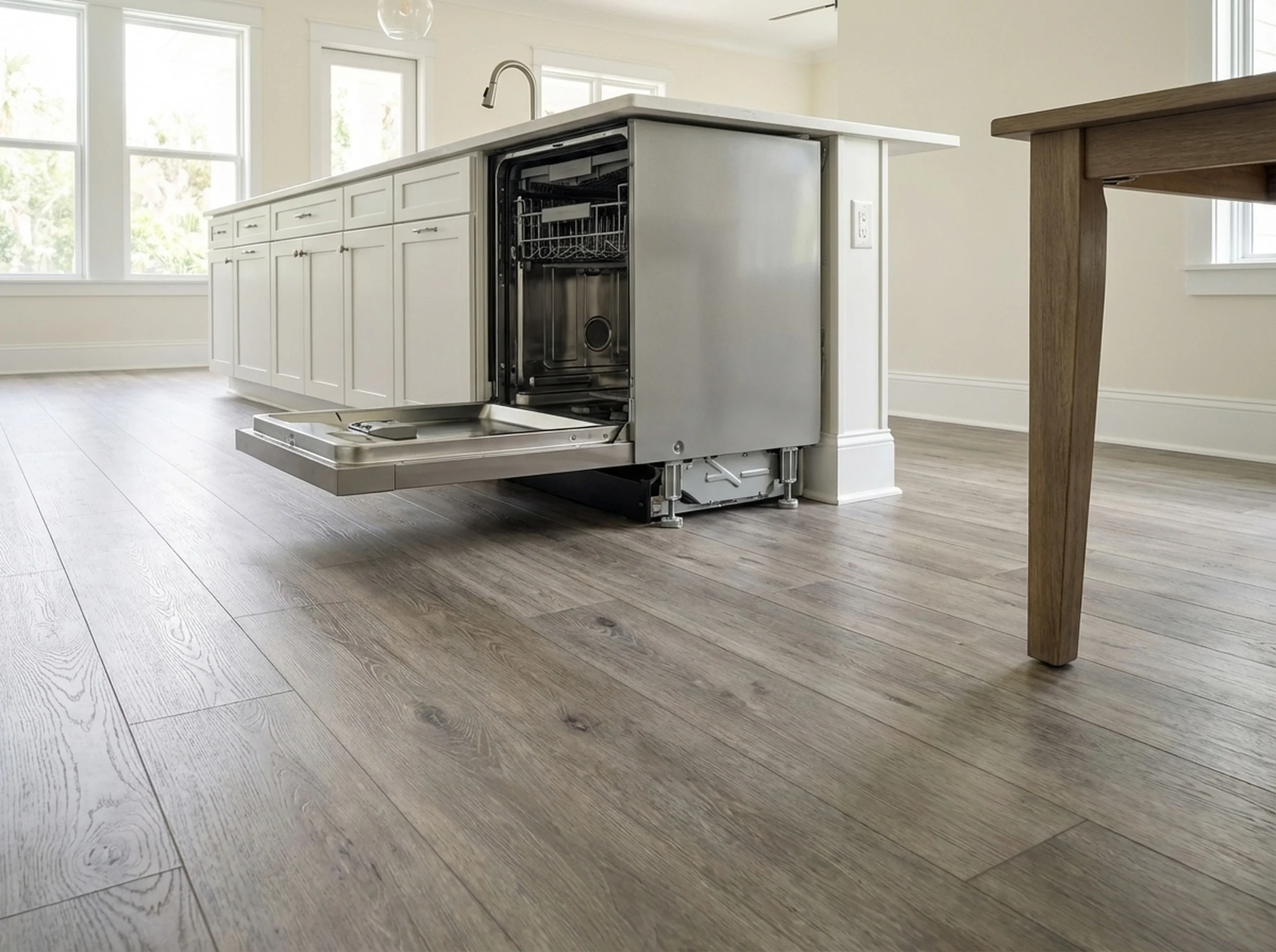 Waterproof luxury vinyl plank in a modern kitchen with an open dishwasher showing appliance legs on the floor