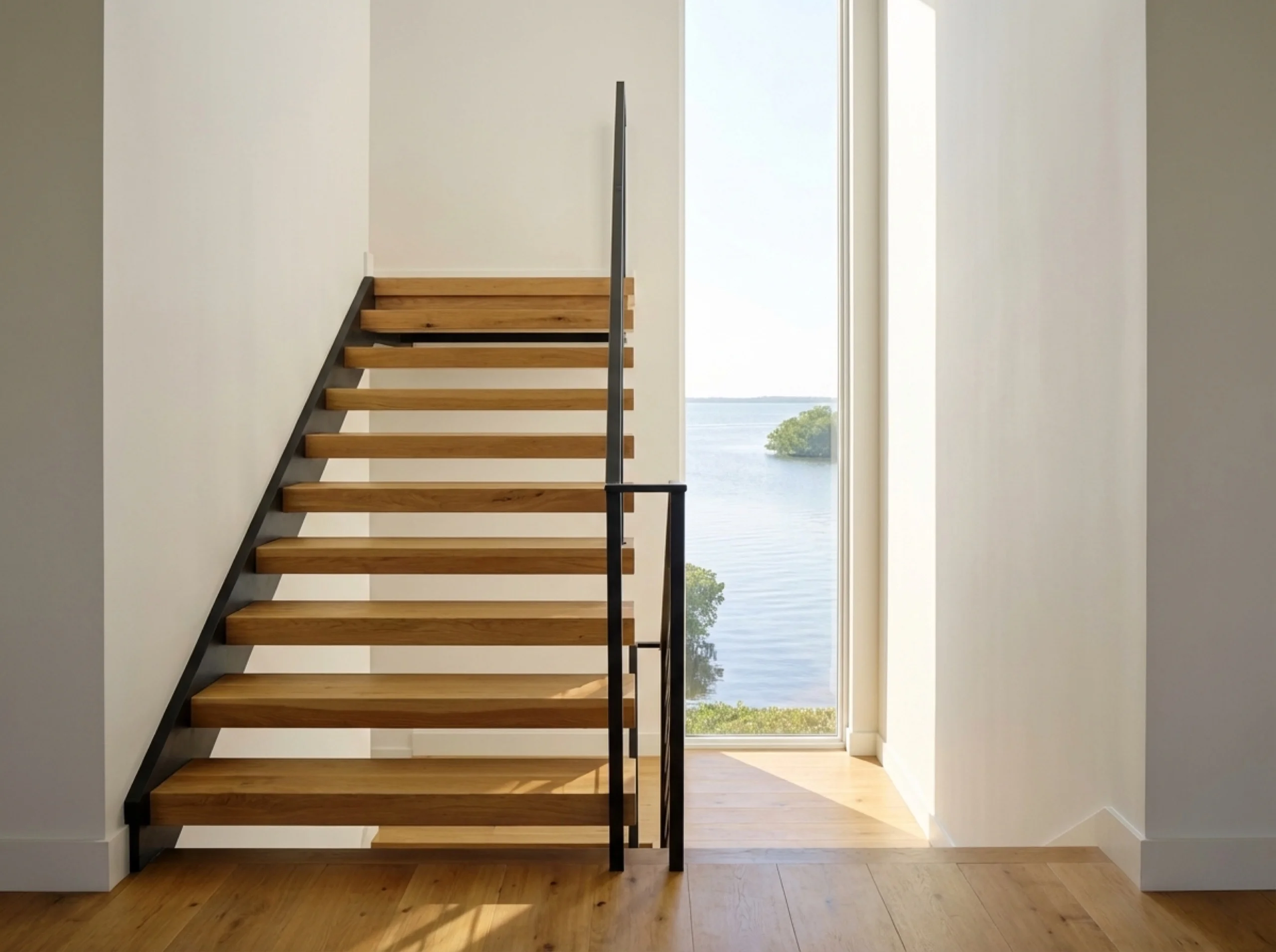 Osprey contemporary staircase with open risers, hickory treads, and a thin black stringer