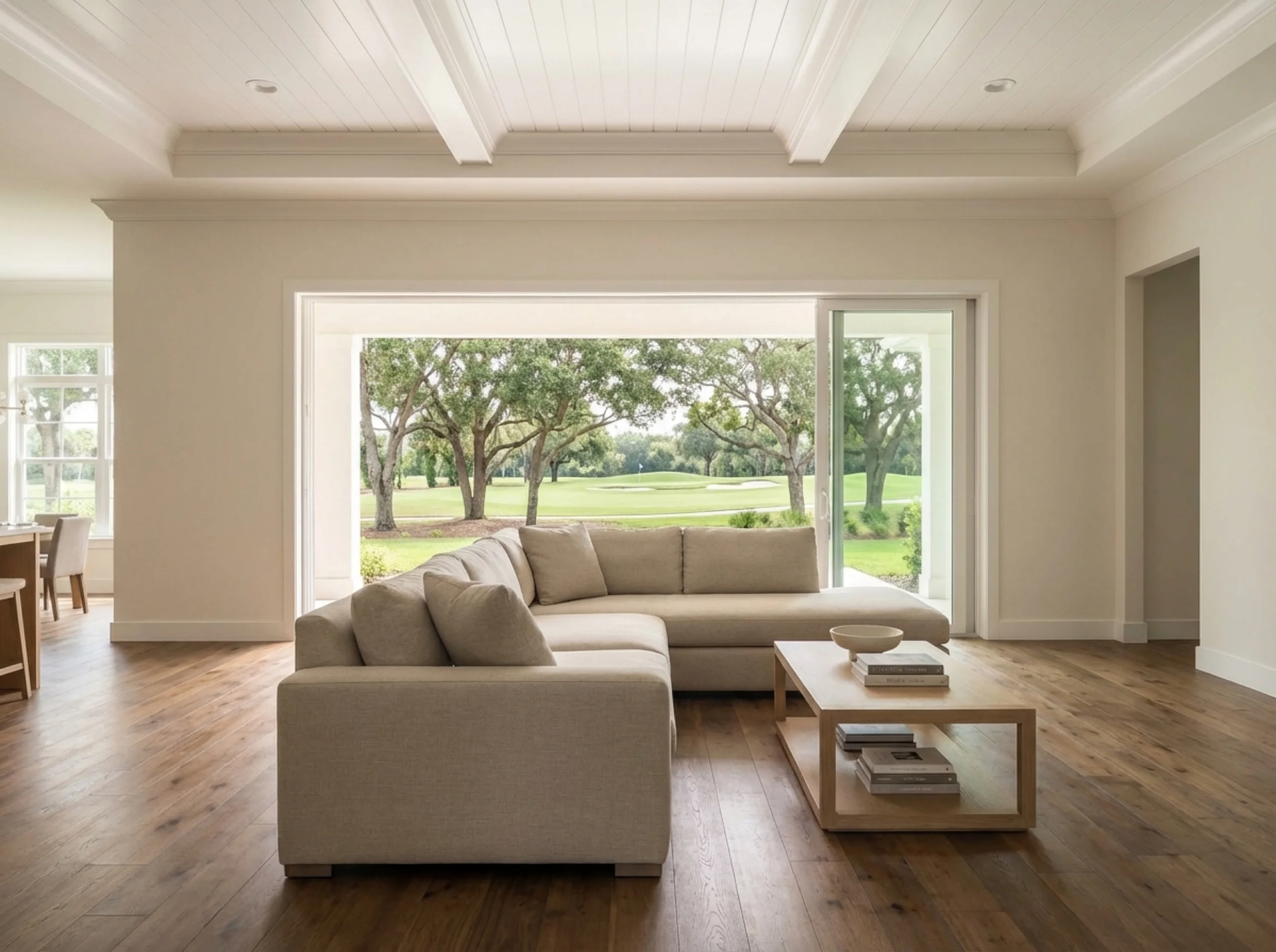 University Park family room with walnut hardwood and sliding doors open to the golf-course fairway