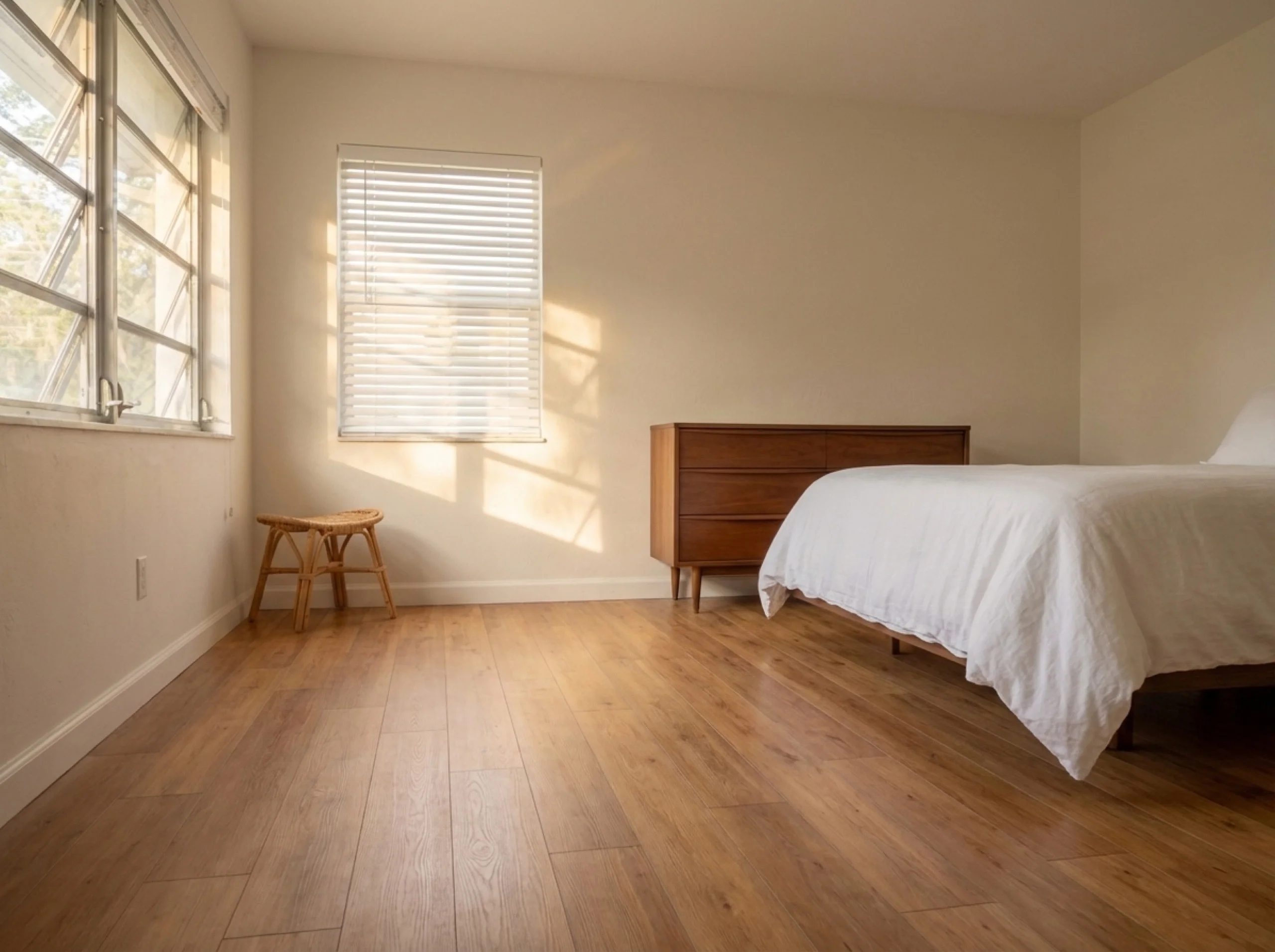 Venice inland bedroom with honey laminate flooring and a vintage walnut dresser