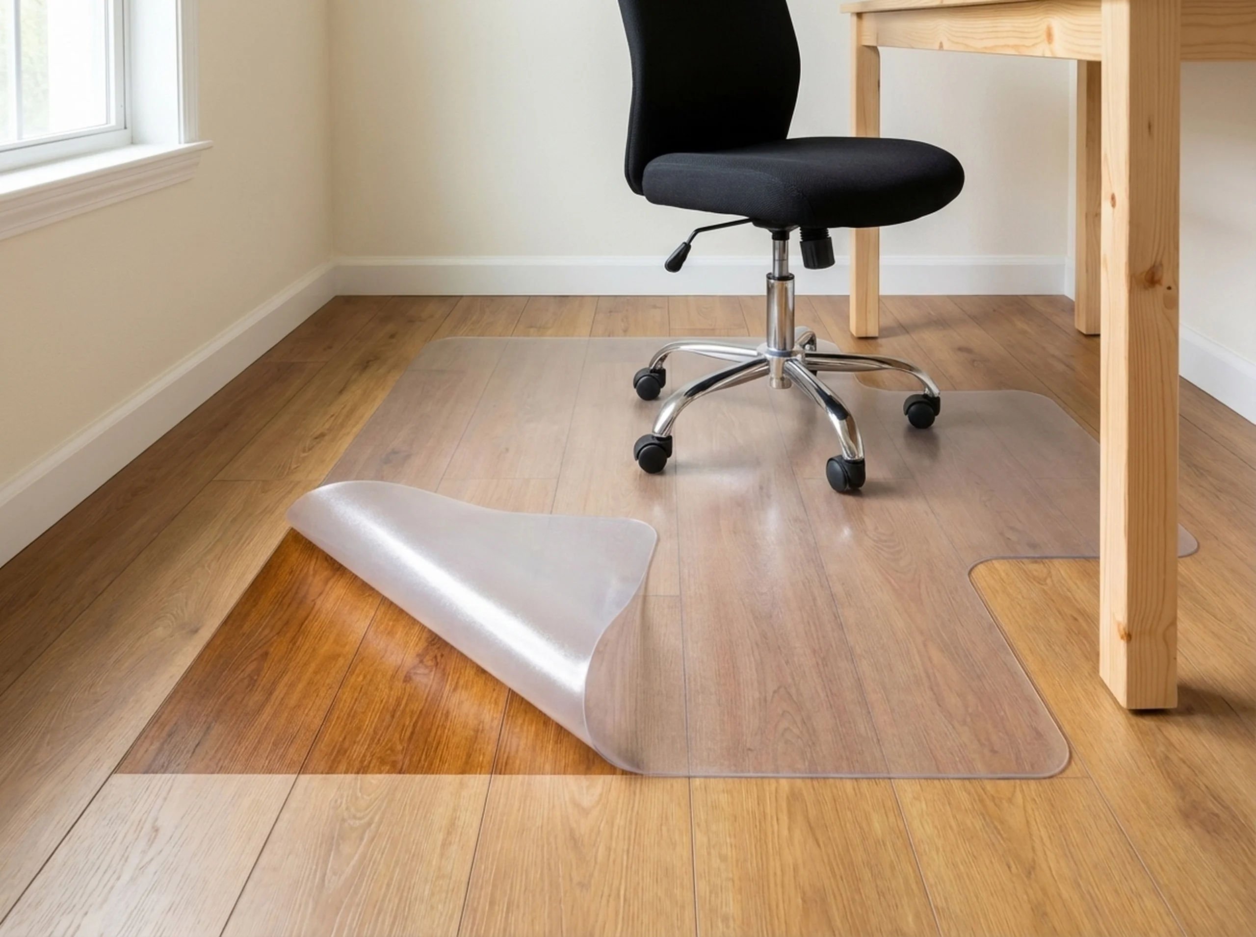 Honey oak laminate in a home office corner with a pulled-back chair mat showing the full plank face