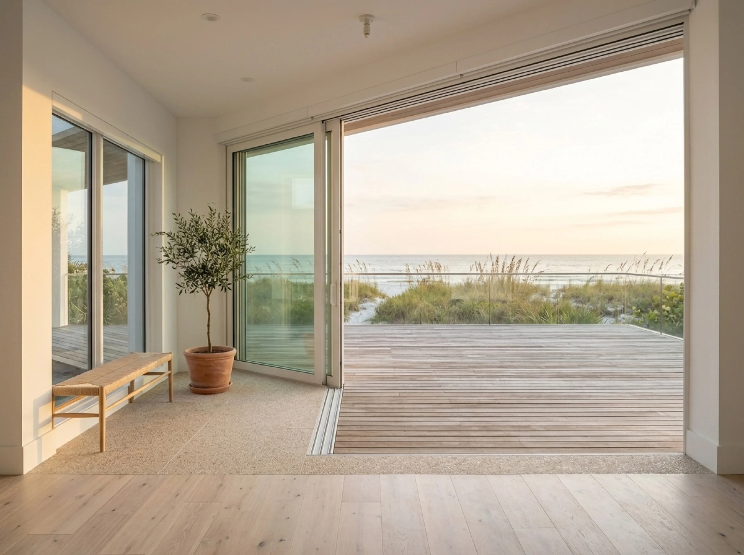 Siesta Key wraparound-deck threshold with terrazzo-to-bleached-oak transition and open slider