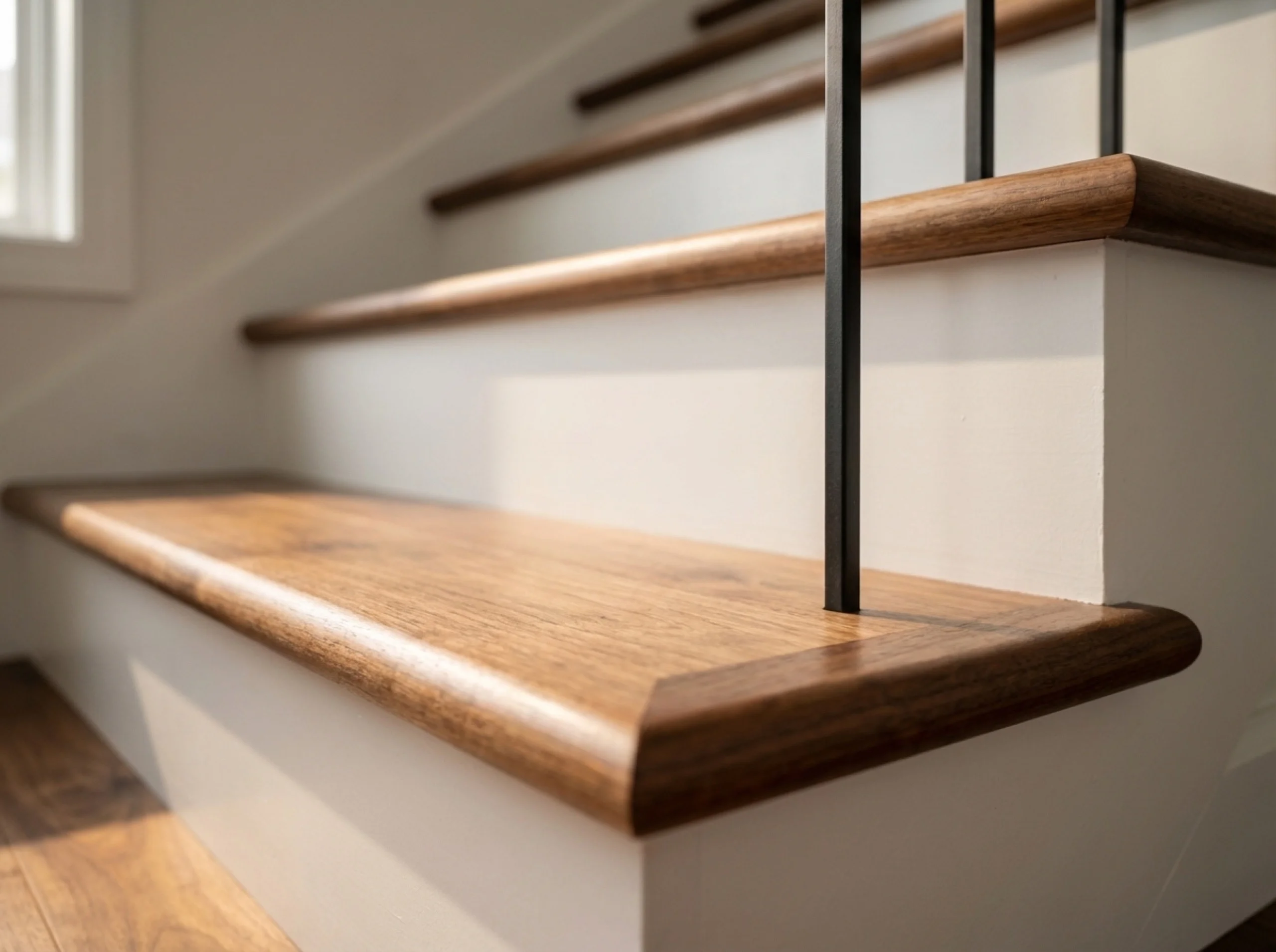 Walnut hardwood staircase tread close-up with iron spindle