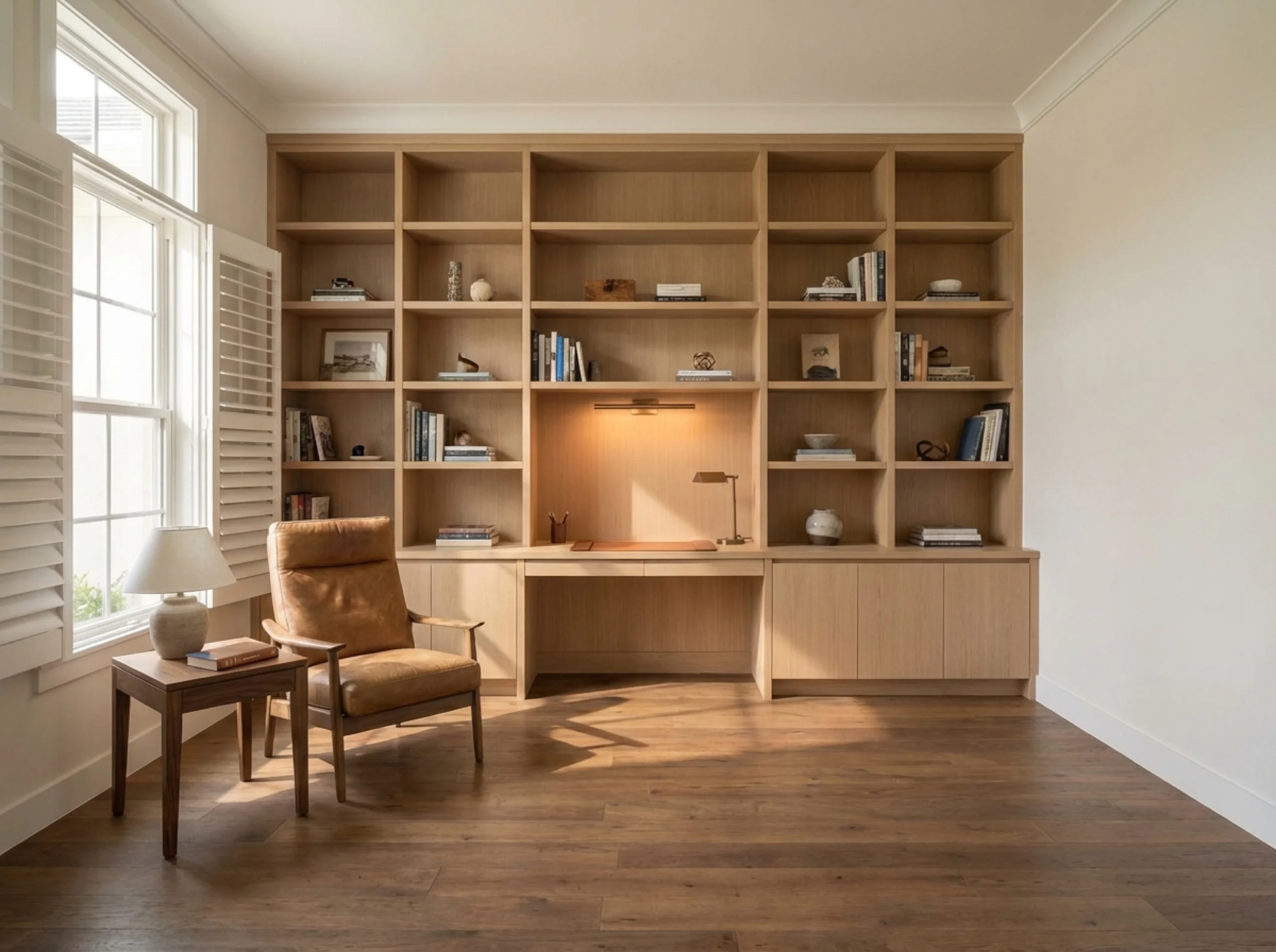 University Park study with built-in white-oak shelving and walnut plank flooring