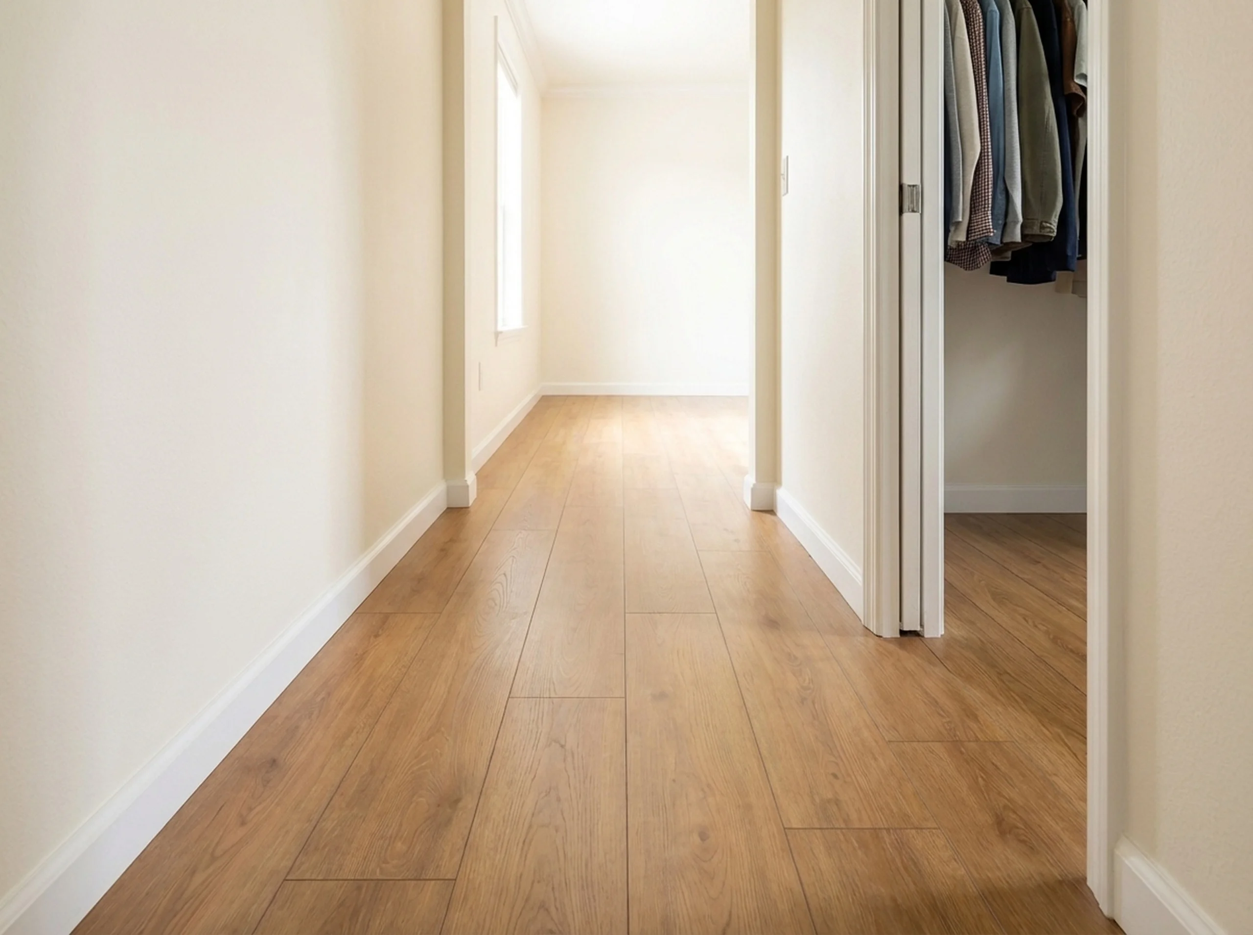 Honey oak laminate hallway with a closet opening and warm light