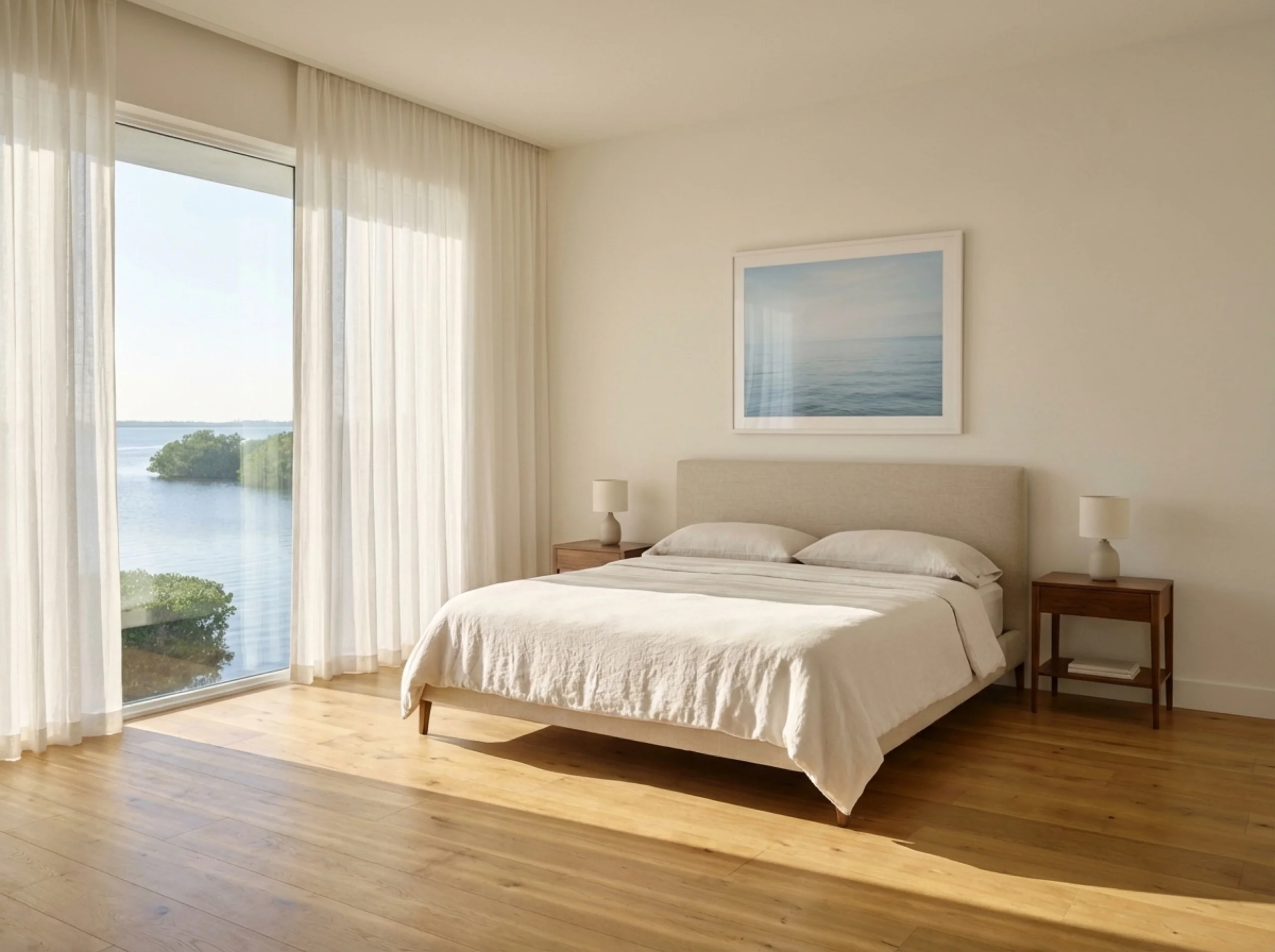Quiet Osprey bedroom with honey oak flooring and a framed seascape