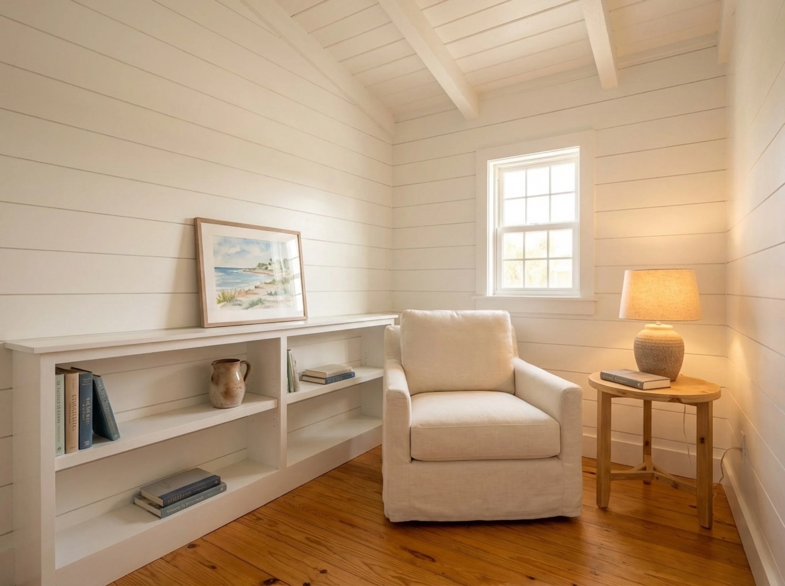 Anna Maria reading corner with honey oak flooring and a low built-in bookshelf