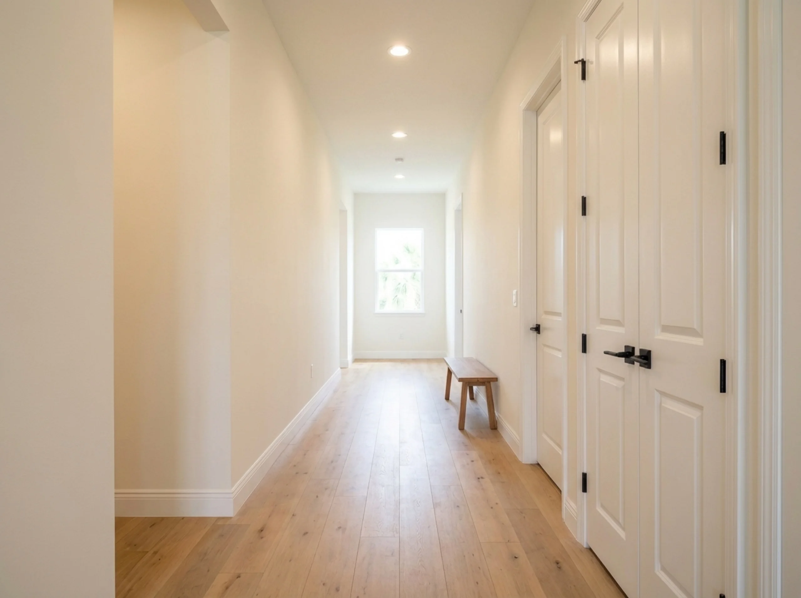 Nokomis hallway with engineered white oak flooring and recessed lighting