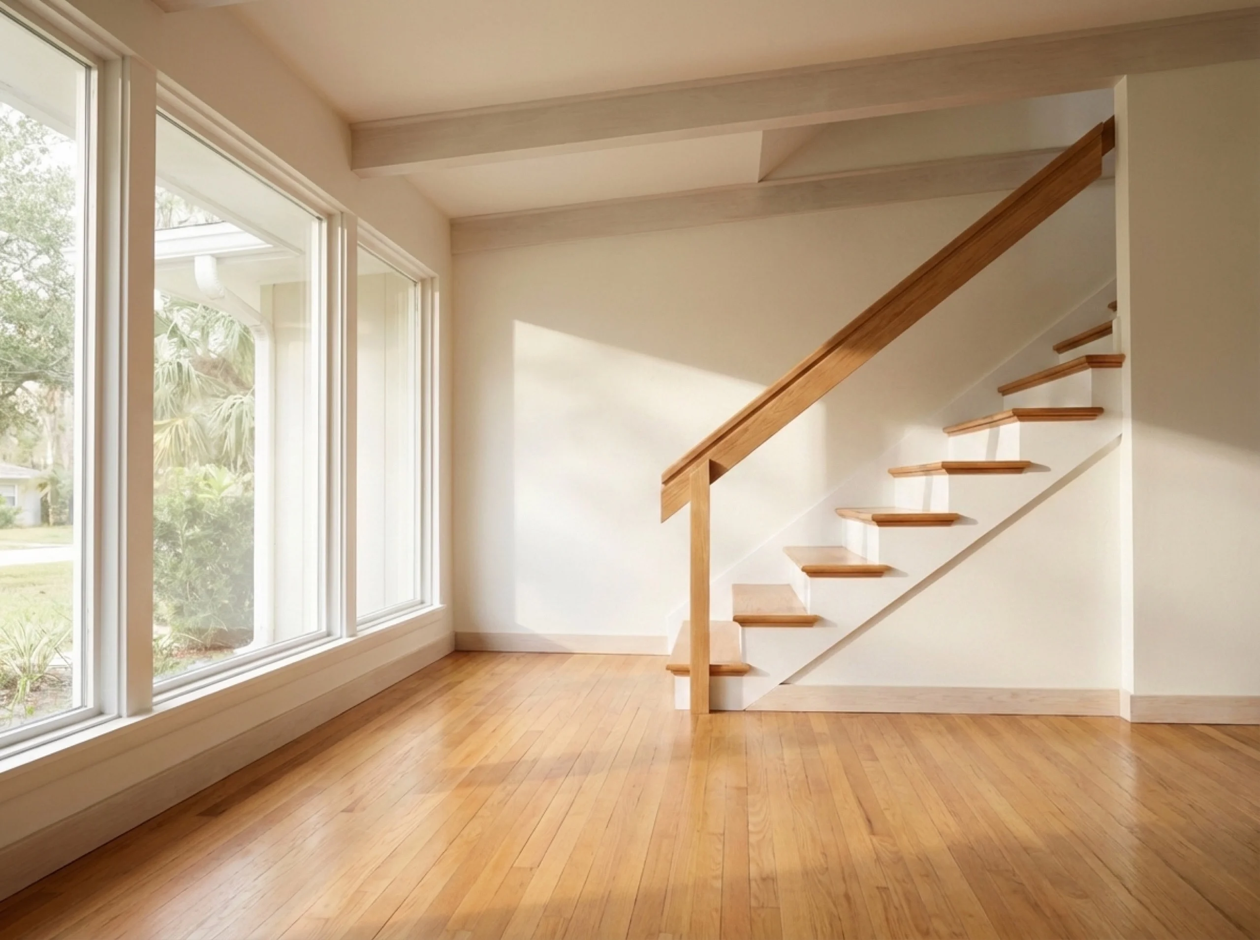 Refurbished red oak hardwood staircase with a freshly finished surface