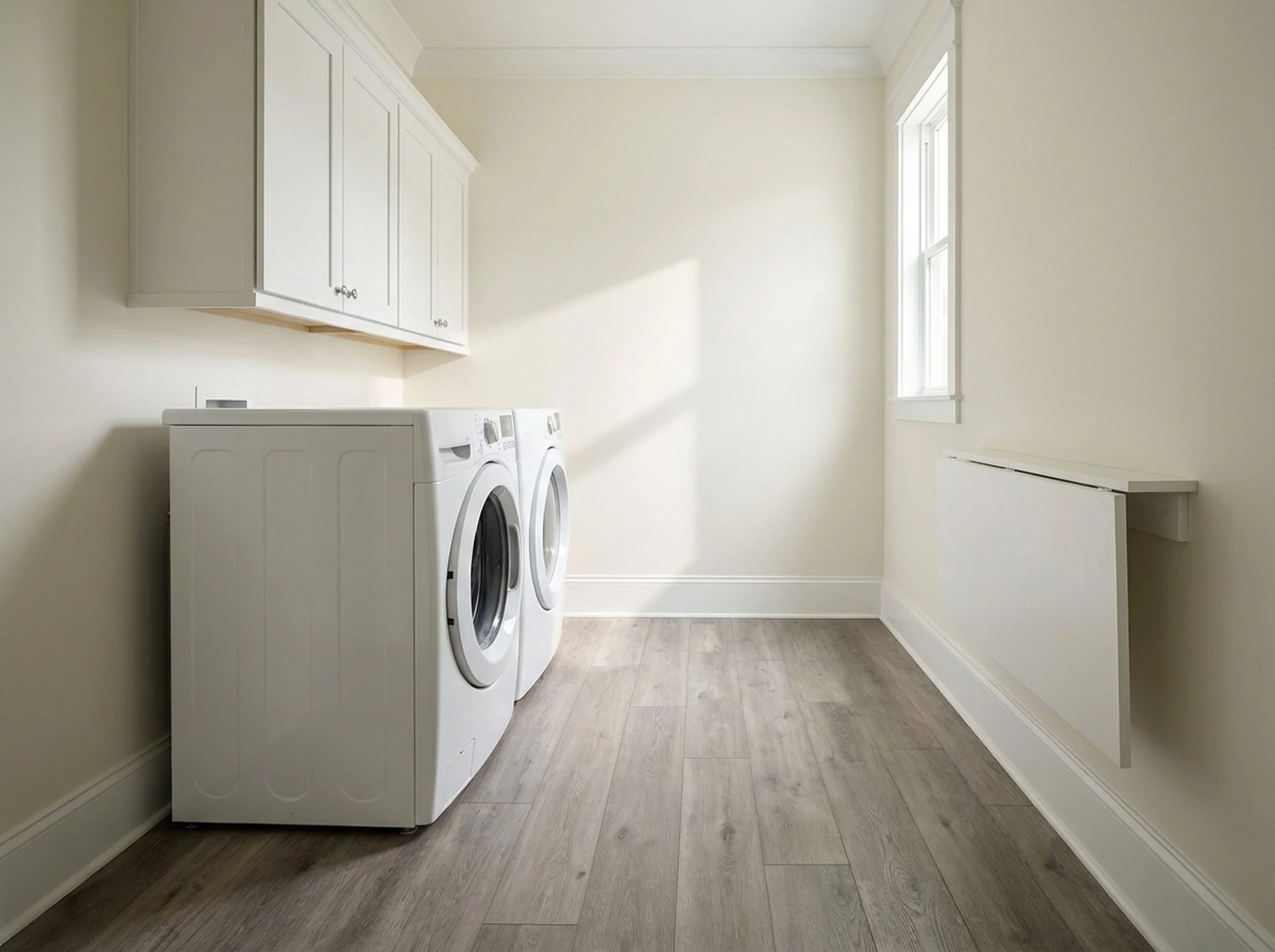Luxury vinyl plank flooring in a laundry room with a front-load washer and dryer