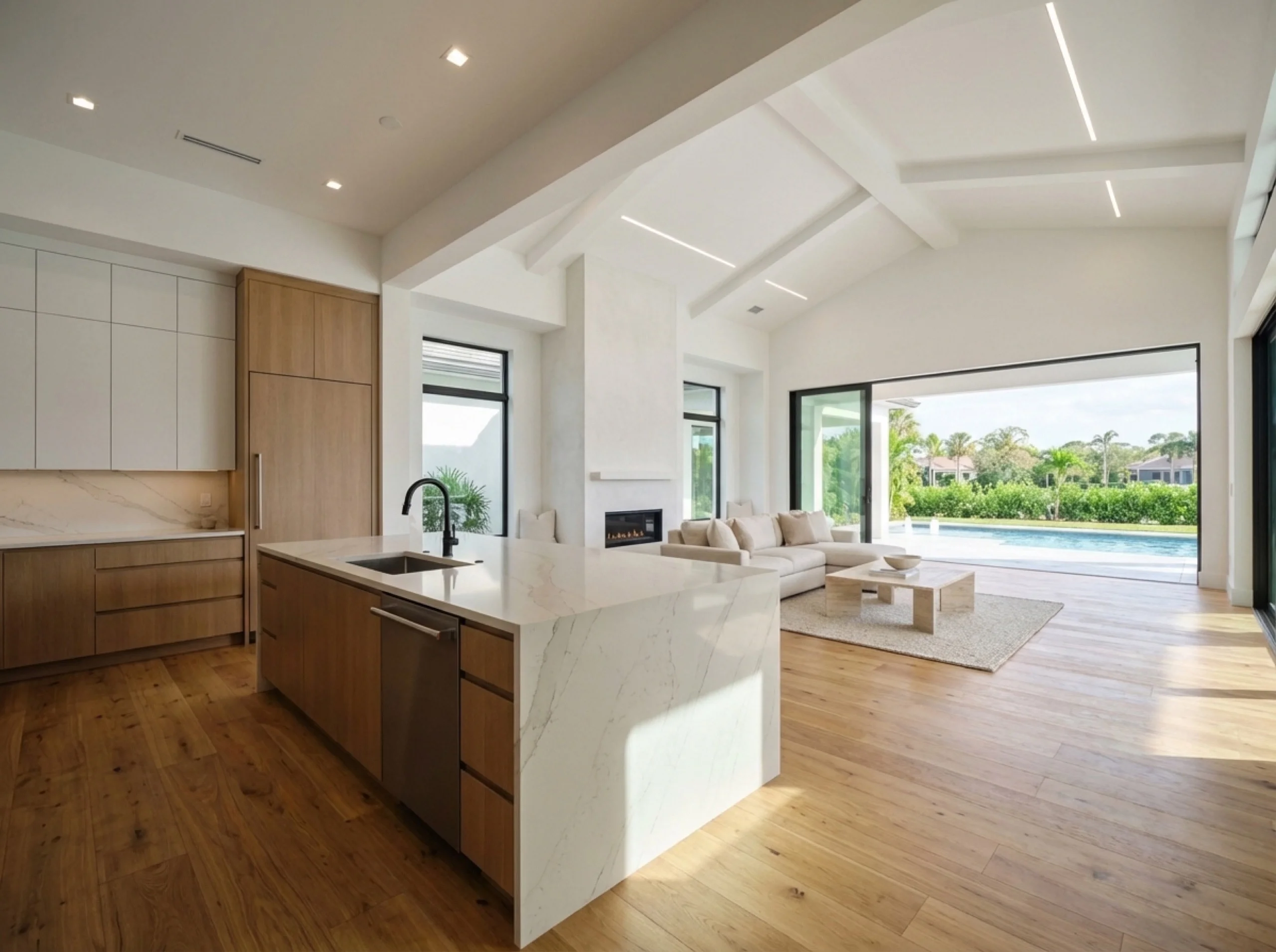 Open kitchen to family room in Lakewood Ranch with continuous white oak flooring and a quartz waterfall island
