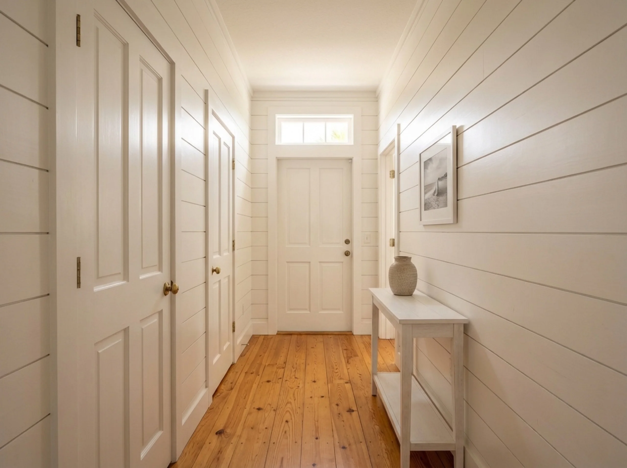 Narrow Anna Maria cottage hallway with wide pine flooring and painted panel doors