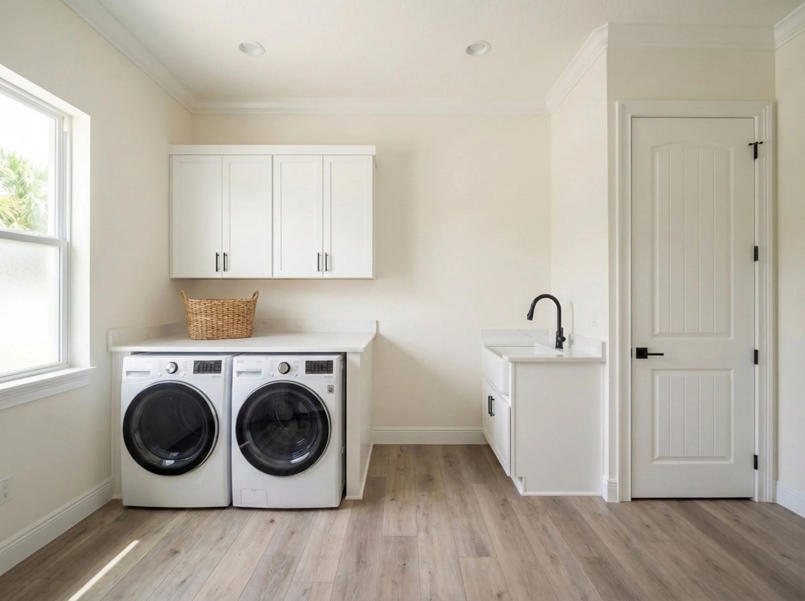 Nokomis garage-adjacent laundry room with LVP flooring, a front-load washer, and a utility sink