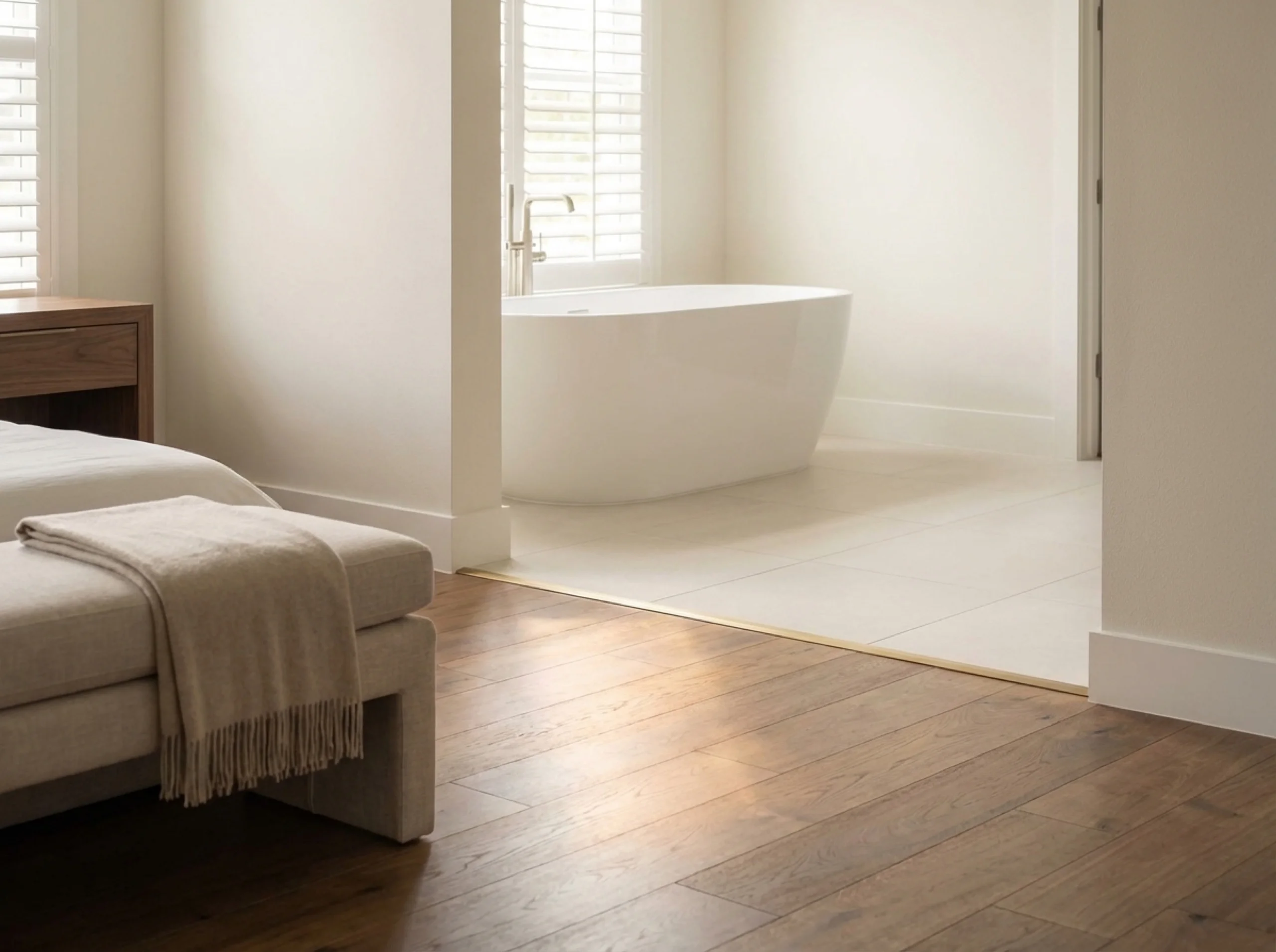 University Park master suite edge showing a walnut-to-tile transition near the ensuite