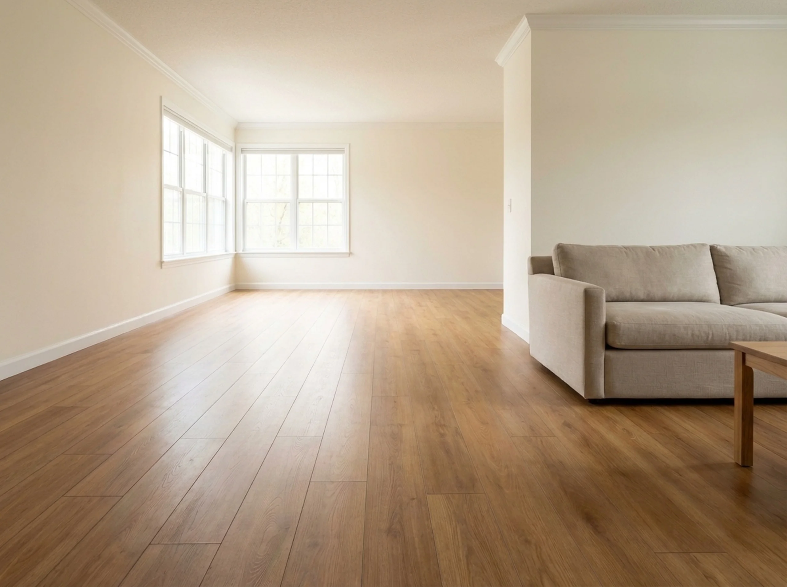 Honey oak laminate in a living room with a low-profile linen sofa