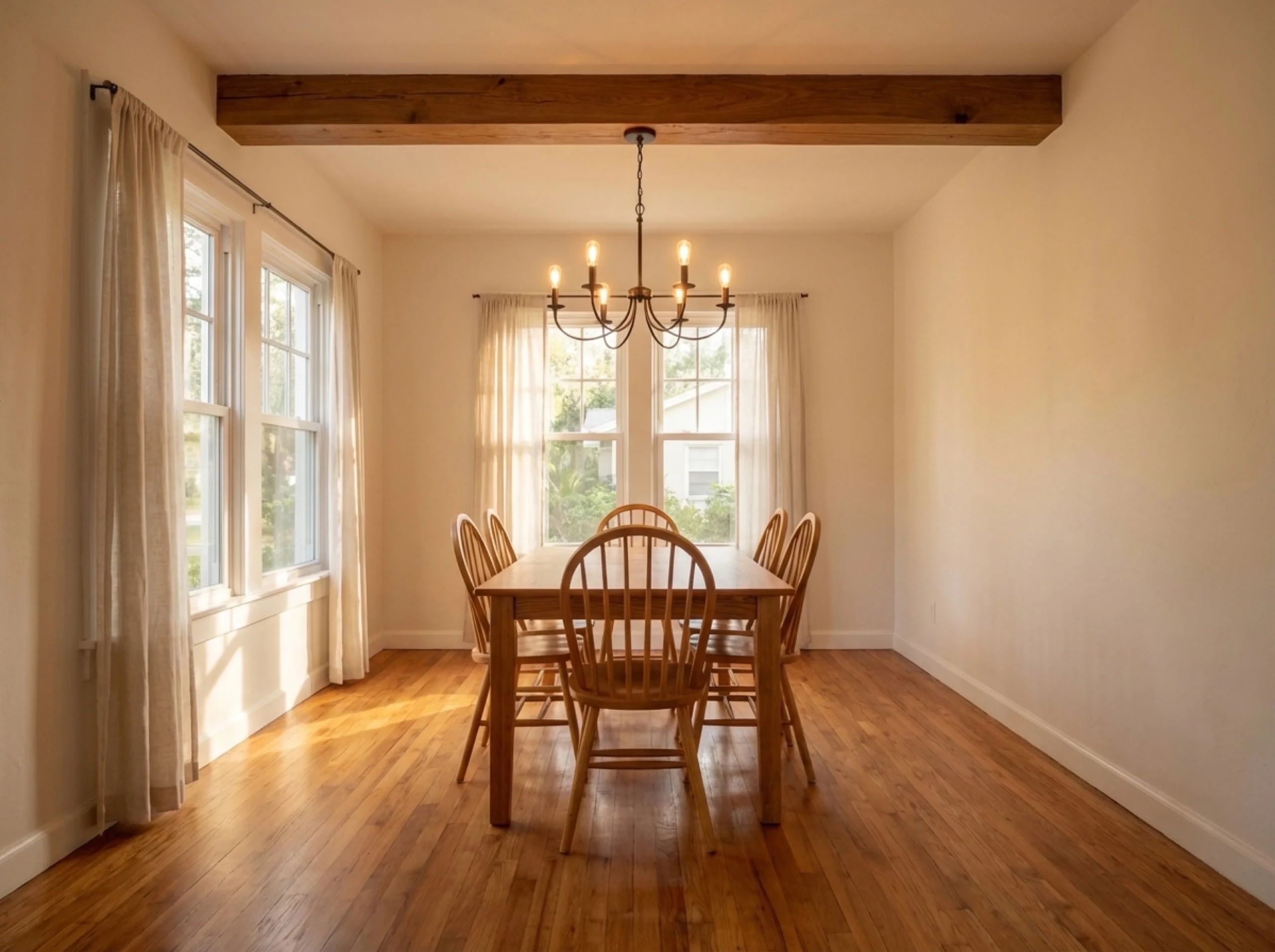 Venice historic-downtown dining room with walnut flooring and an exposed ceiling beam