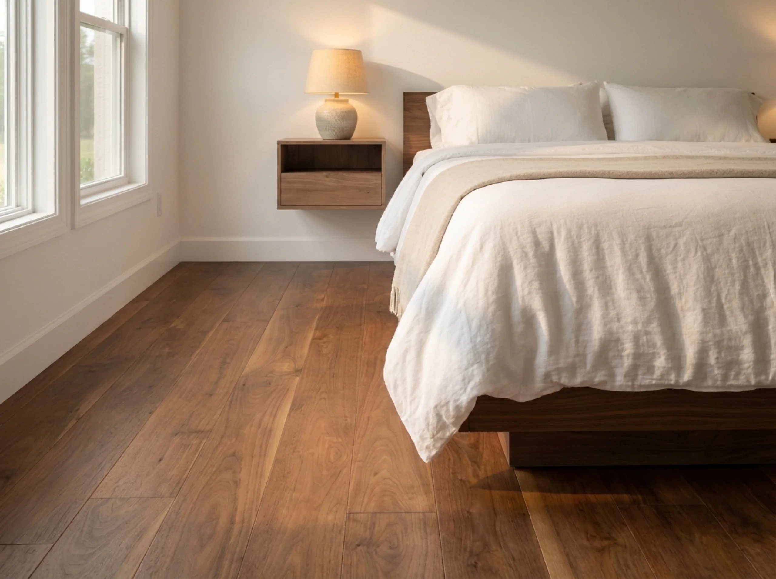 Walnut hardwood flooring in a bedroom lit by morning light