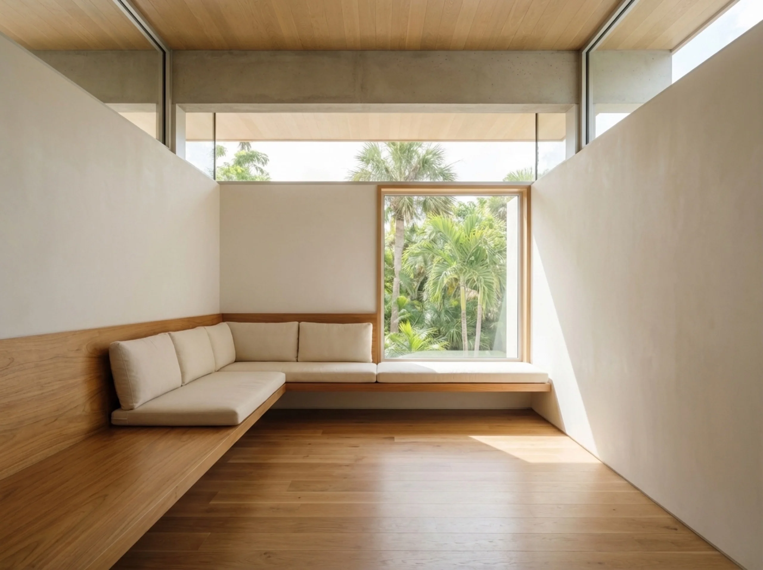 Built-in teak banquette reading corner in a Sarasota mid-century modern home