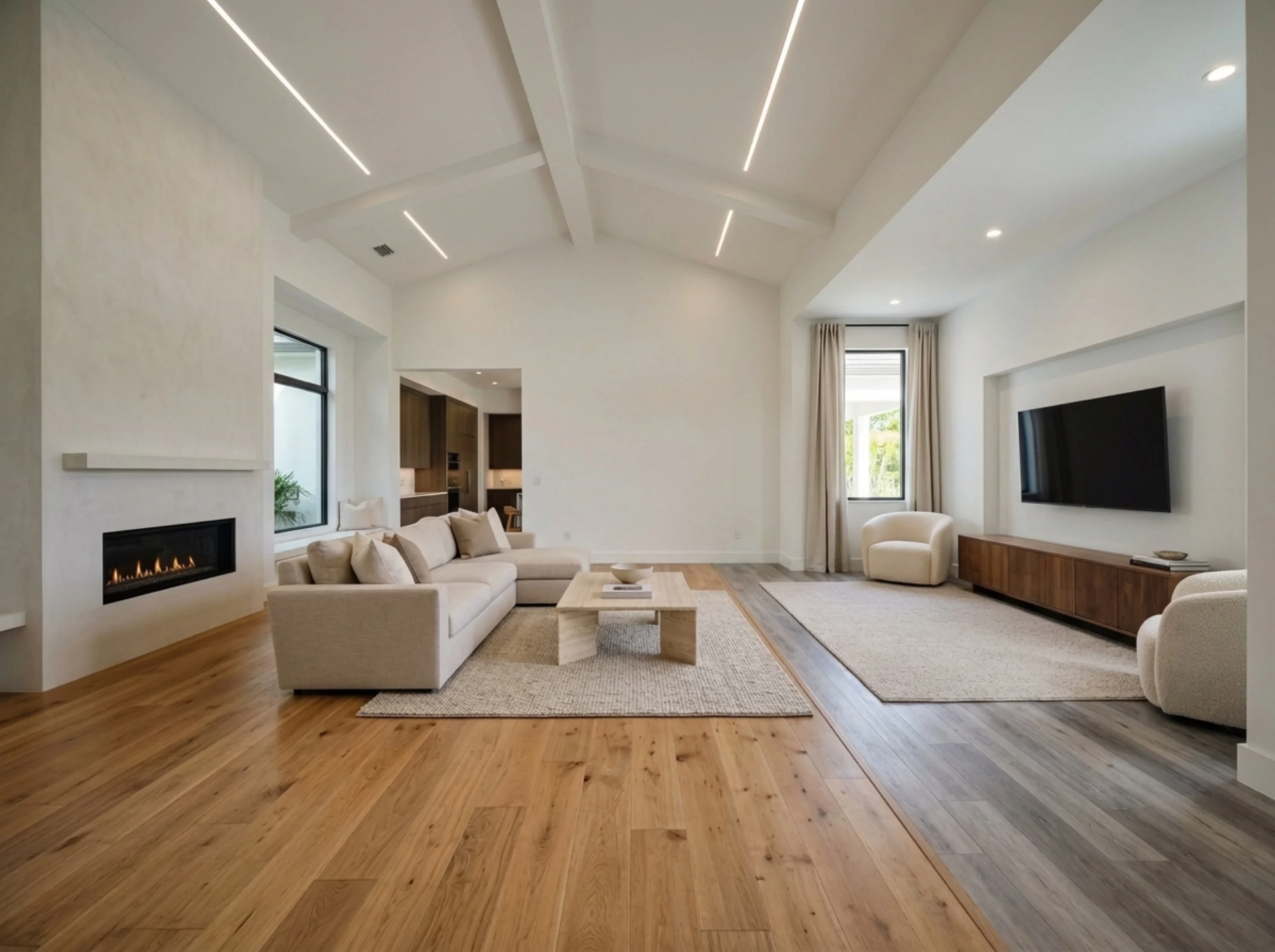Lakewood Ranch media room with a hardwood-to-gray-LVP transition and walnut console