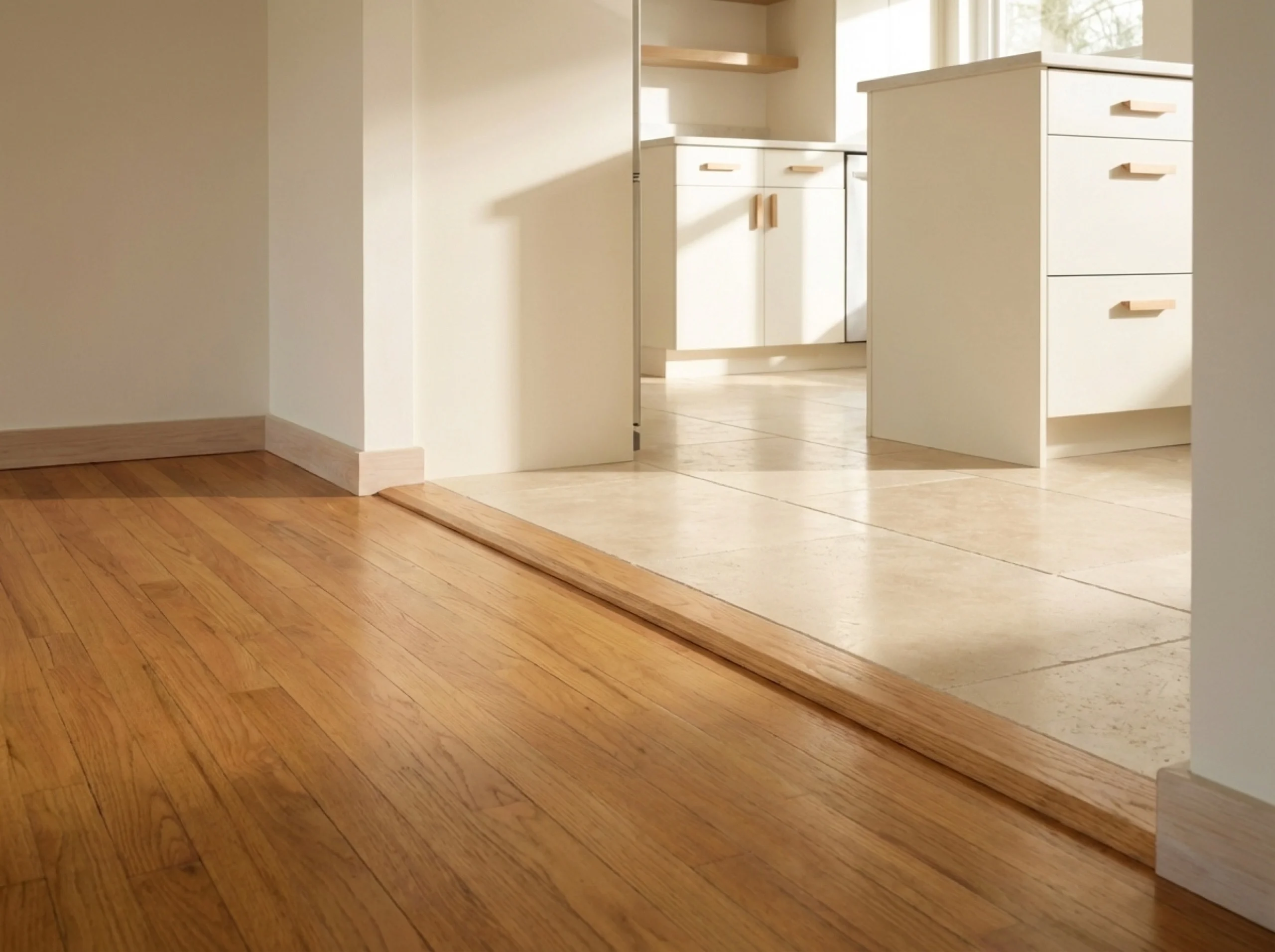 Red oak hardwood threshold between a dining room and a light-stone kitchen floor
