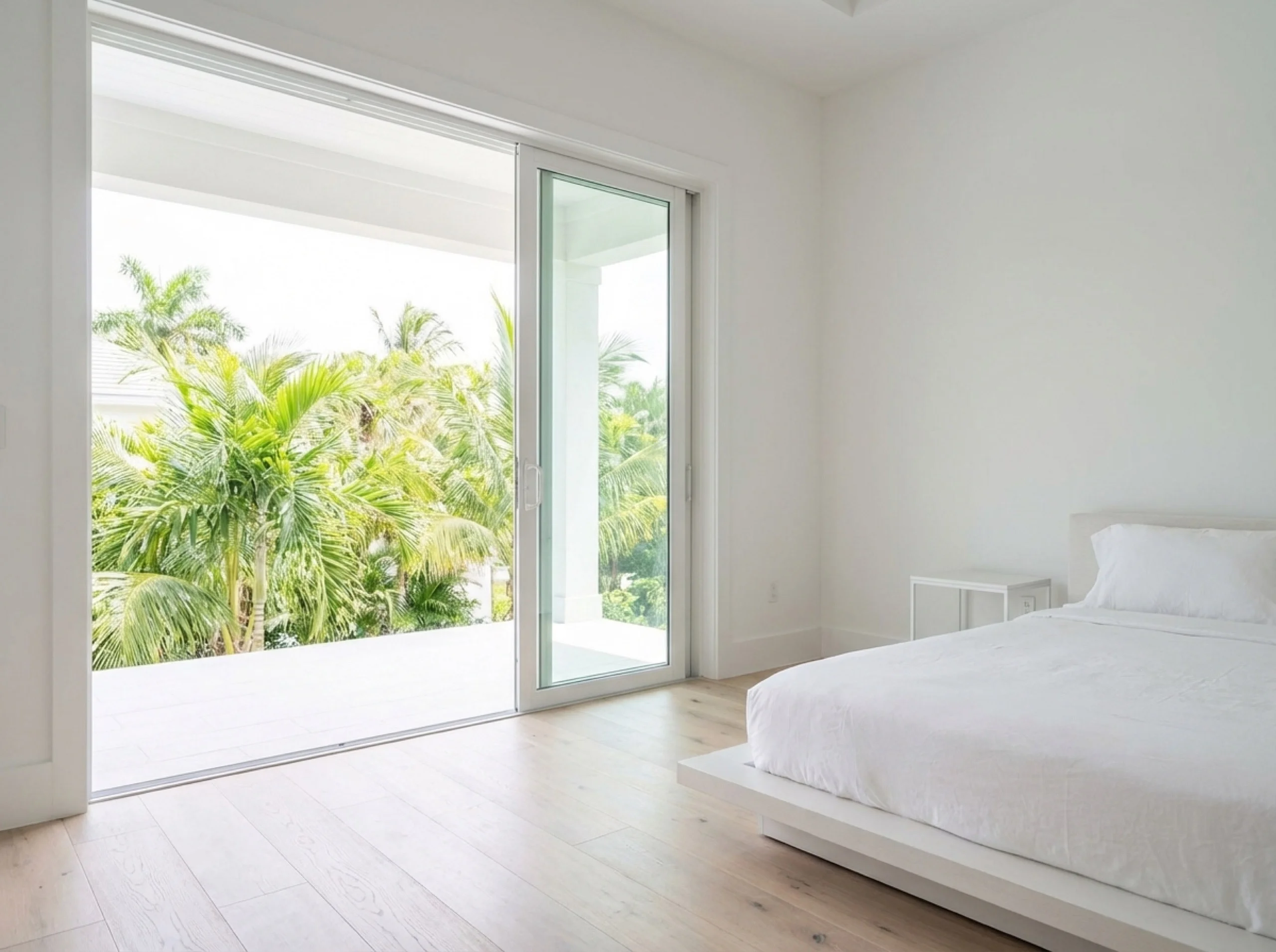 Engineered white oak flooring at the edge of a bedroom with a balcony slider