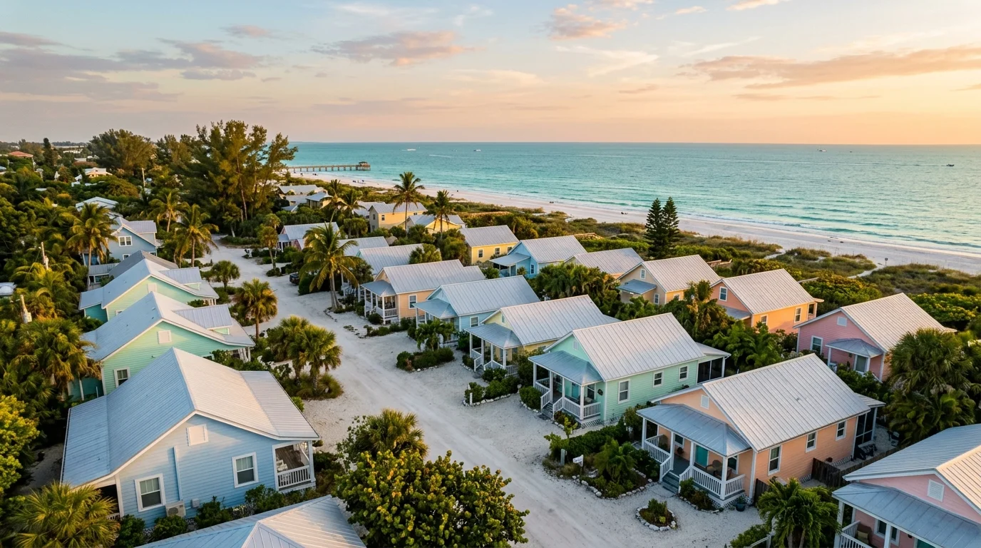 Anna Maria Island beachfront pastel cottages at golden hour
