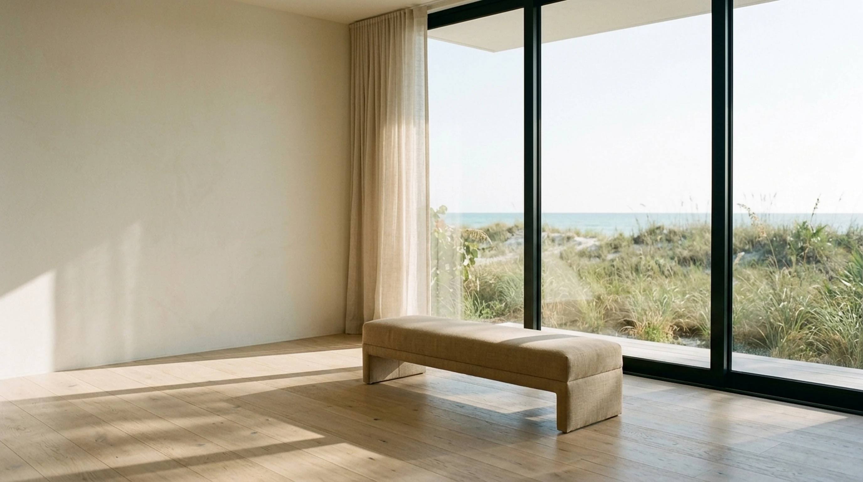 Wide-plank white oak floor leading to floor-to-ceiling sliding glass doors with a view of dune grass and the Gulf