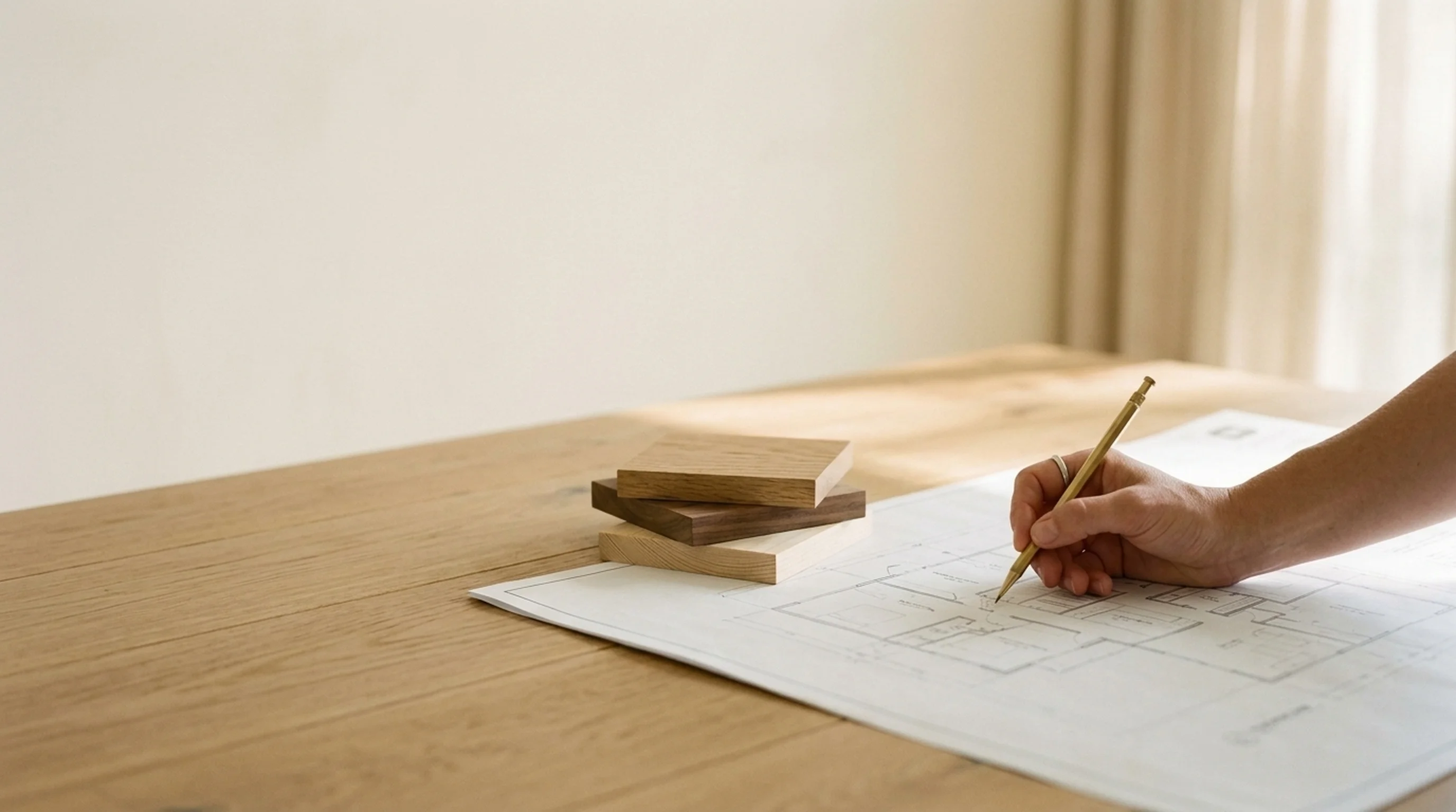 Hand sketching on a flooring blueprint next to a small stack of wood samples on a honey oak dining table