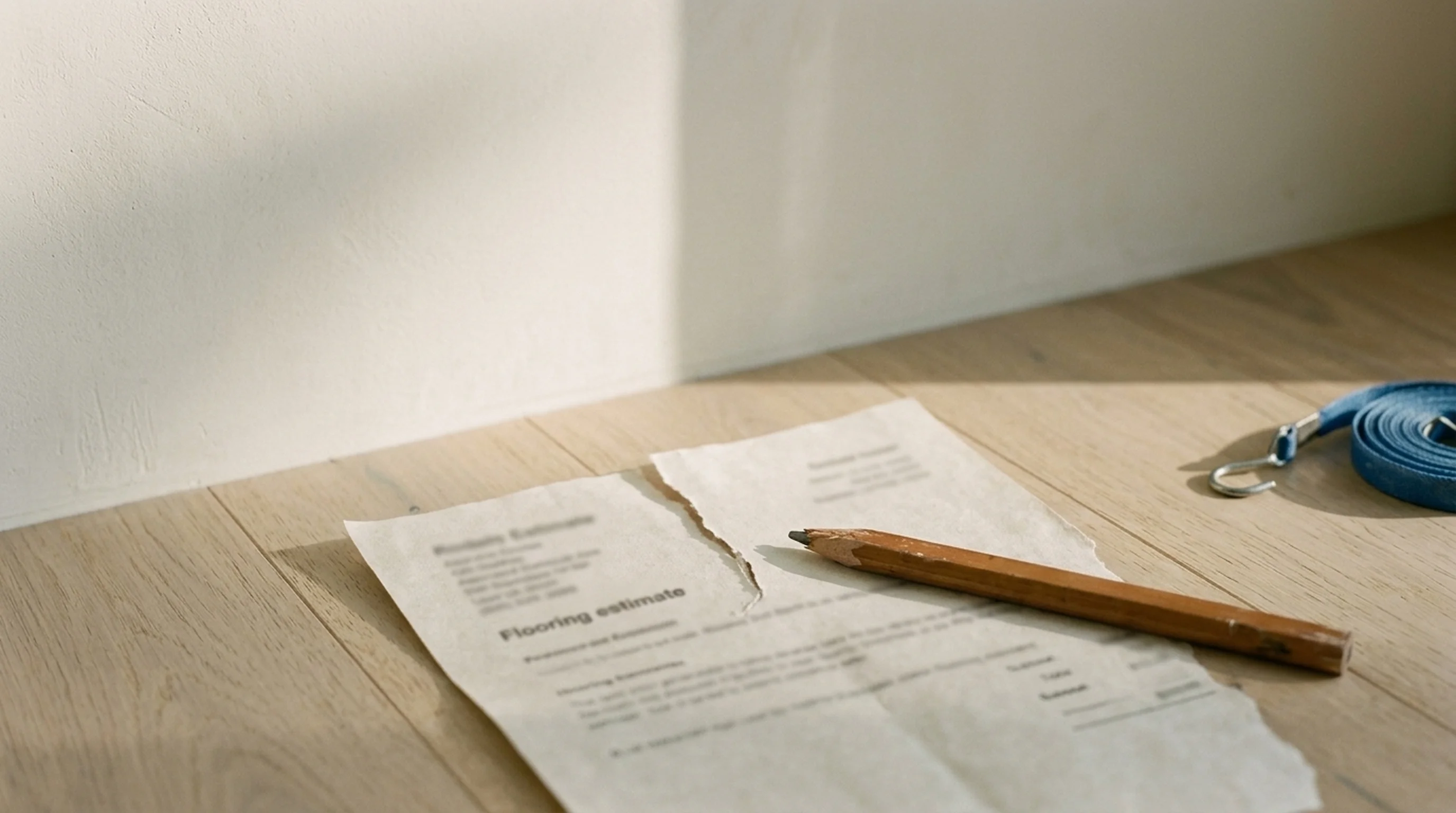 A torn flooring estimate and a snapped carpenter's pencil on a pale wood floor in soft morning light