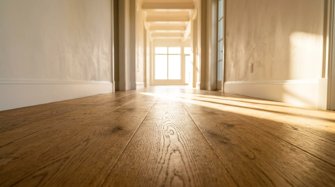 Wide-plank hardwood hallway flooded with afternoon light