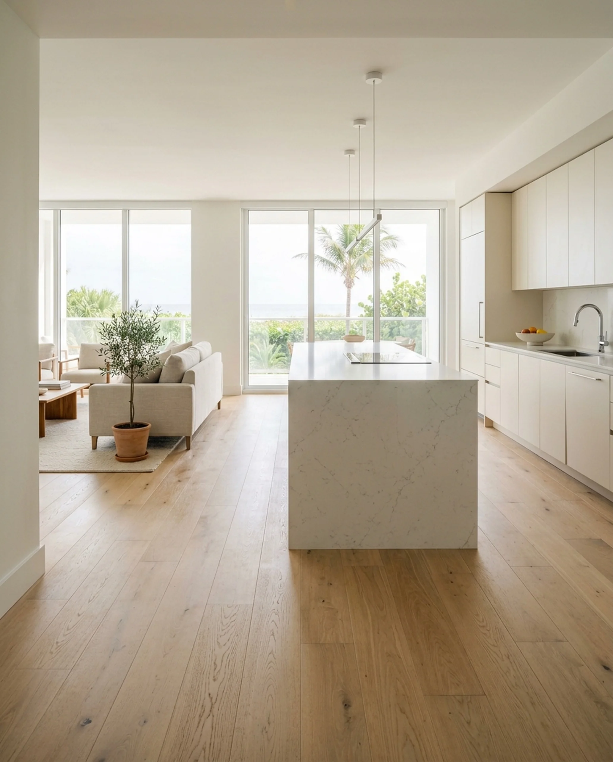 Engineered oak hardwood running continuously into an open kitchen with a quartz waterfall island
