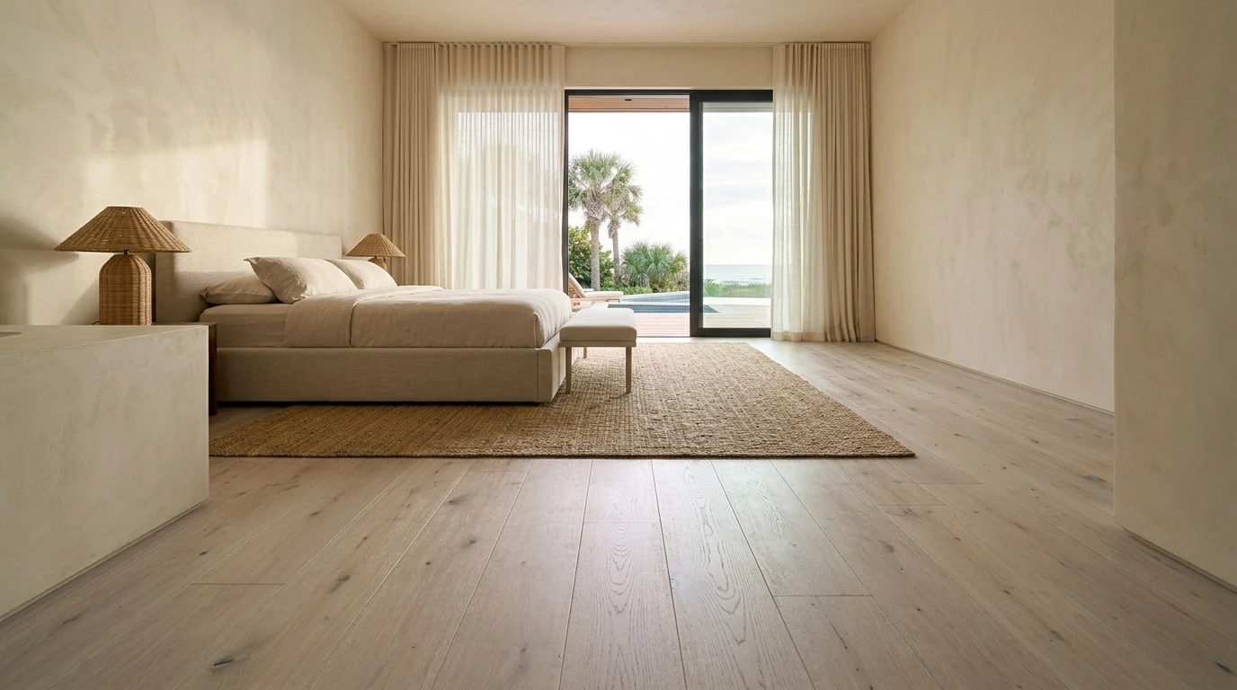 Engineered white oak hardwood in a modern Florida primary bedroom