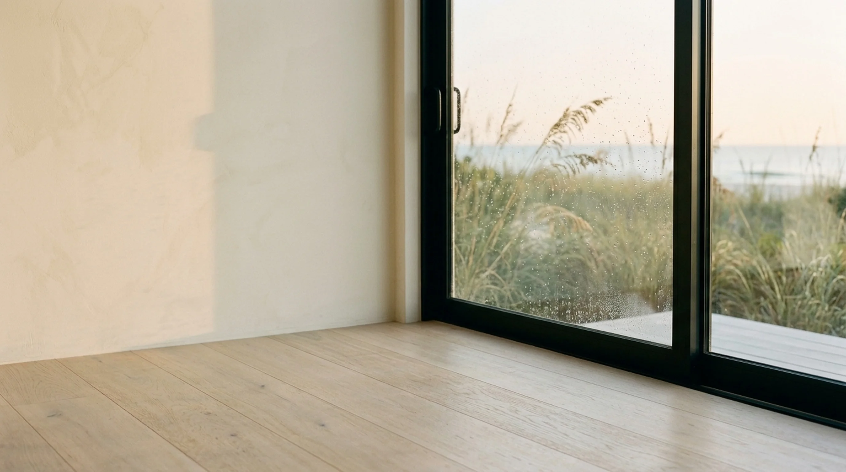 View from inside a modern coastal home through sliding glass doors to sea oats and the Gulf, with gentle morning rain on the glass