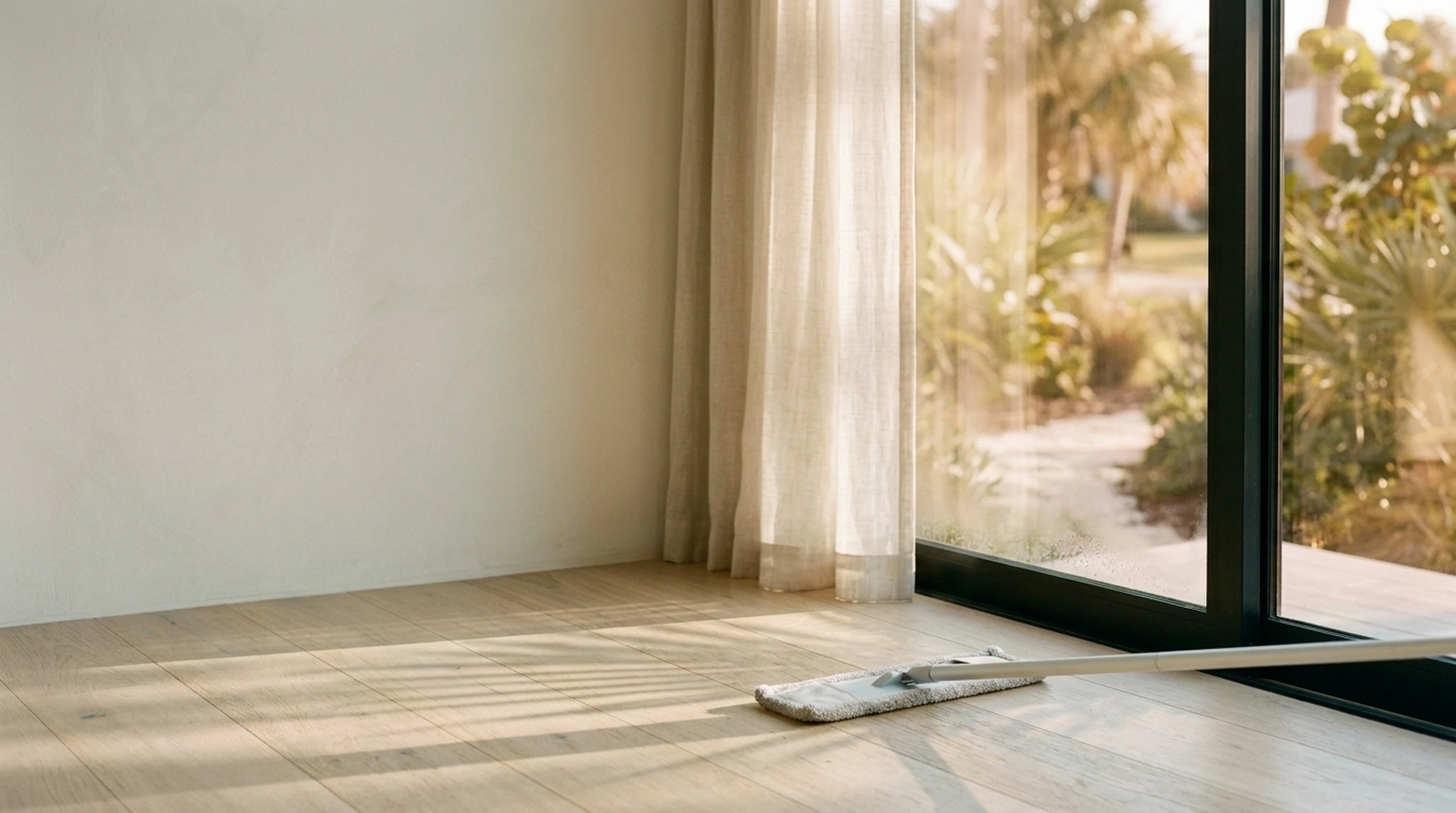 A soft microfiber mop at rest on a clean honey oak floor with diagonal palm-leaf shadows in morning light