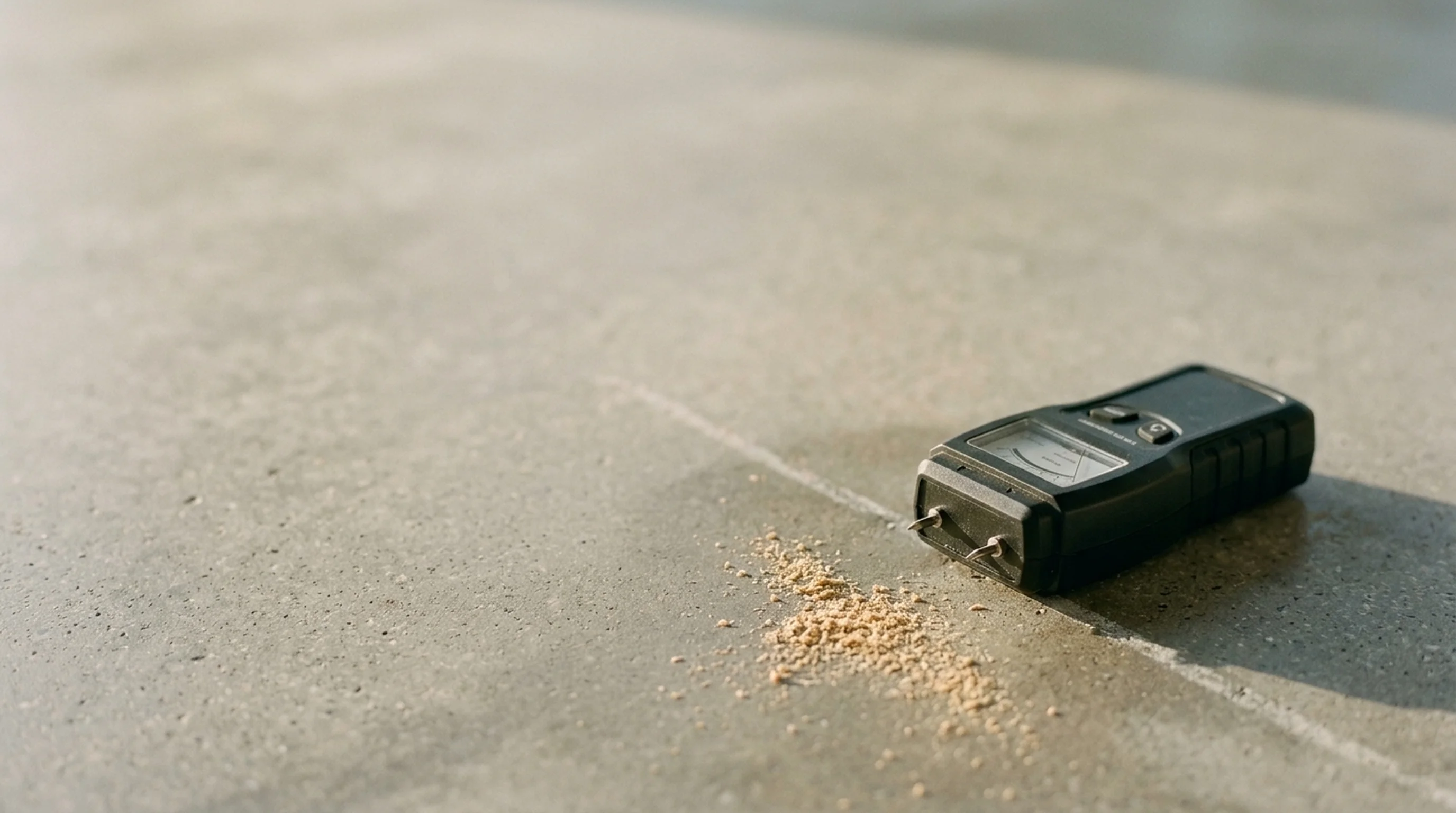 A pin-type moisture meter resting on a raw polished concrete slab with fine sawdust and a chalk line