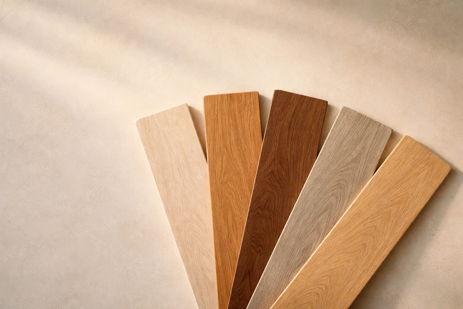 Five fanned wood-sample planks in varied tones — white oak, honey oak, walnut, gray oak, and European oak — on a cream plaster surface
