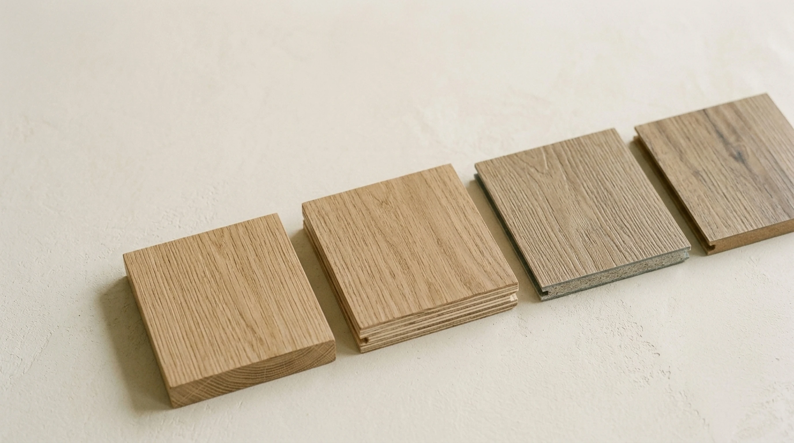 Four flooring material samples — hardwood, engineered wood, luxury vinyl plank, and laminate — arranged in a row on a cream plaster surface